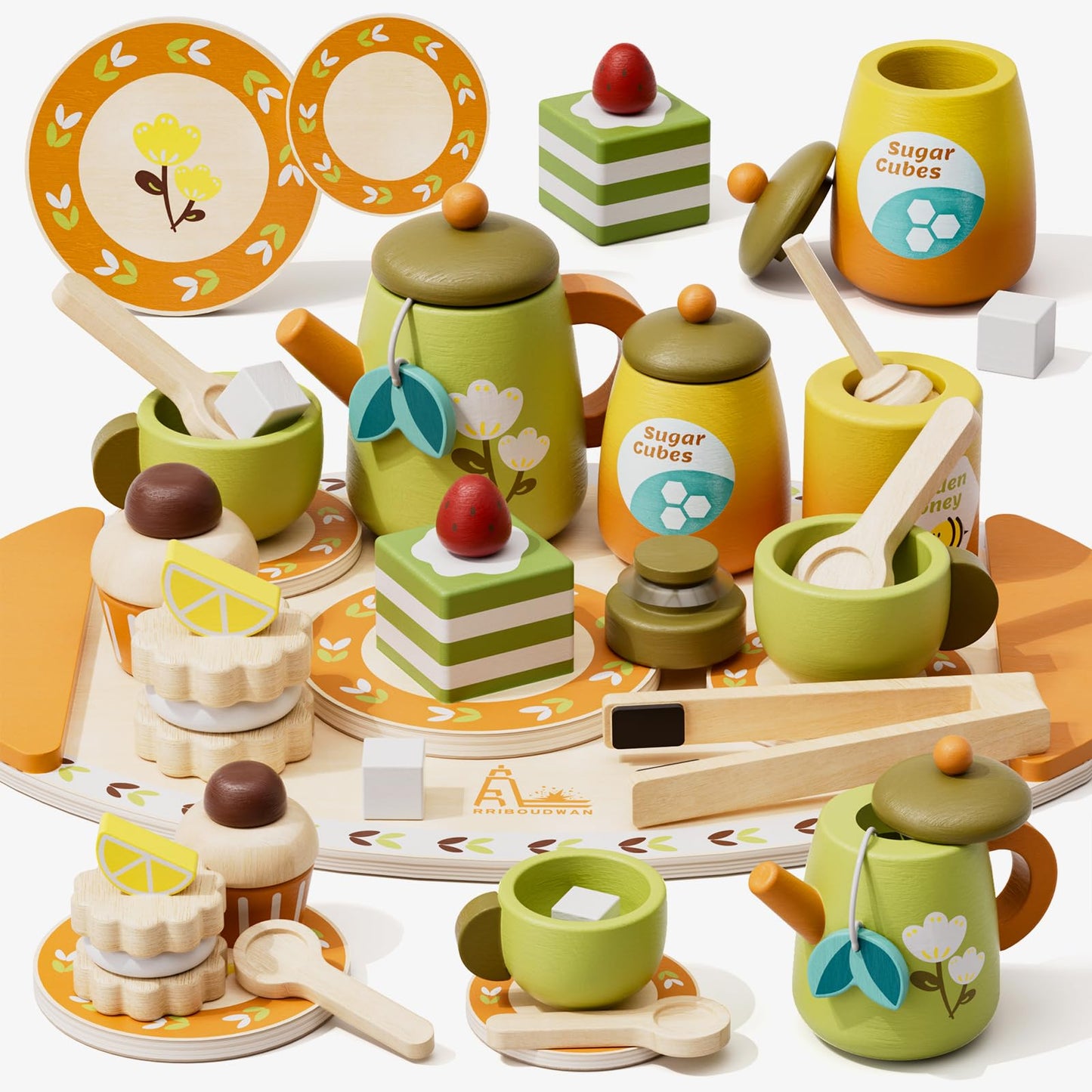 RRIBOUDWAN Wooden Tea Set for Toddlers | Pretend Play Tea Party Toys Age 2-6