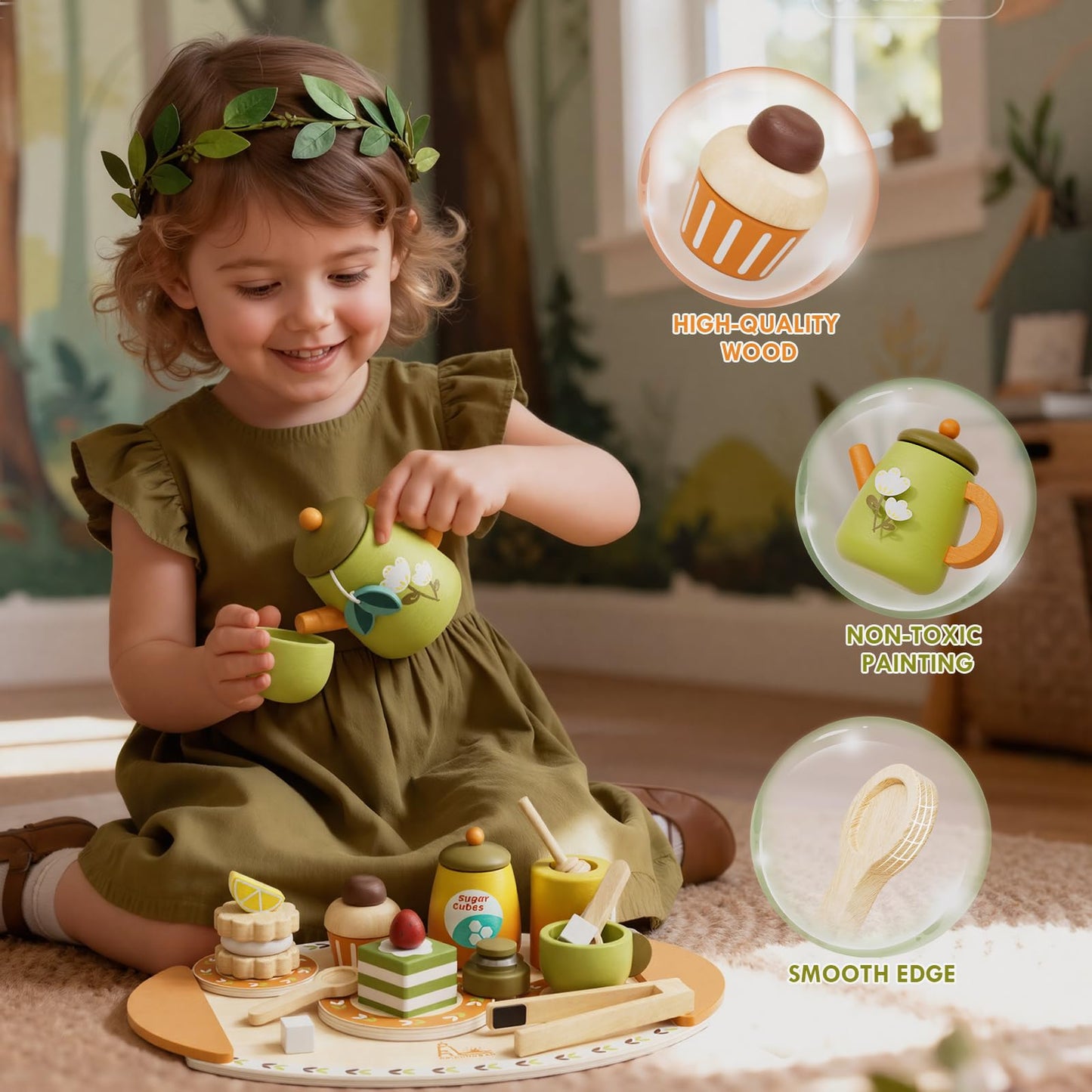 RRIBOUDWAN Wooden Tea Set for Toddlers | Pretend Play Tea Party Toys Age 2-6