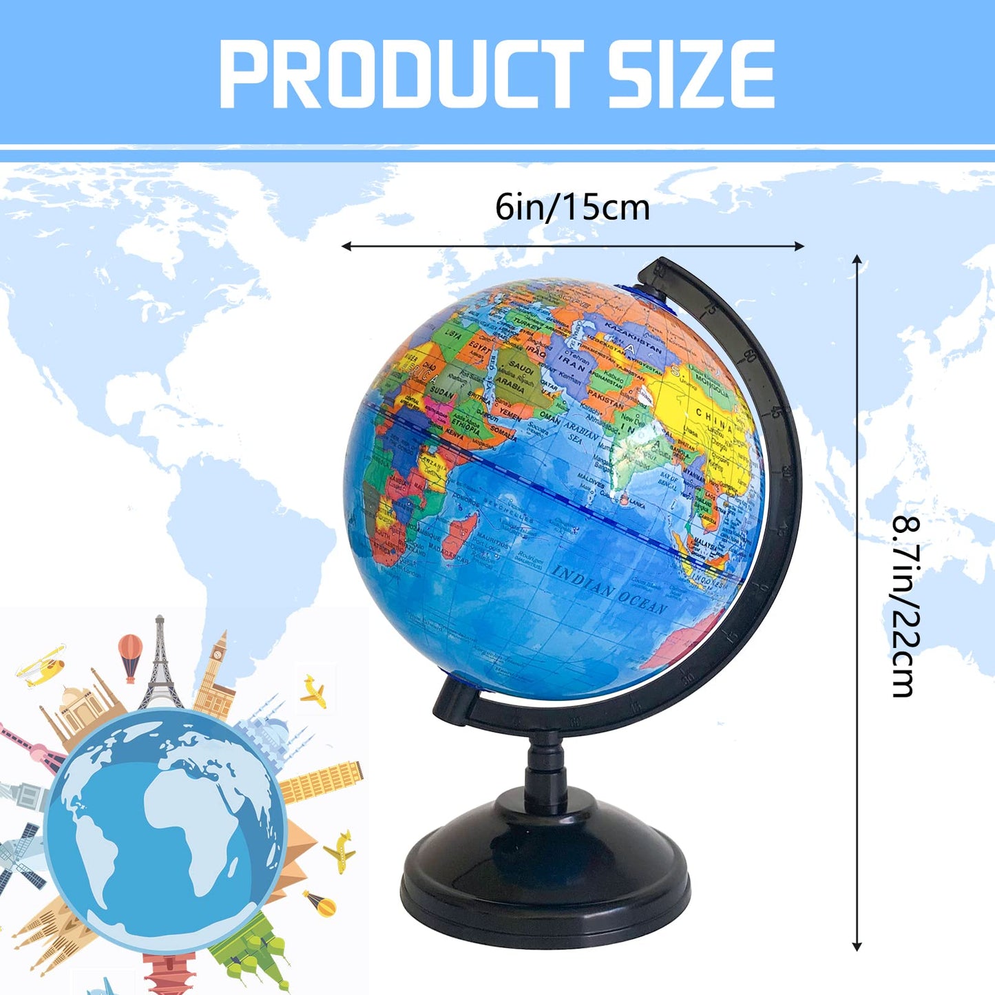 Rrshnsgv 6'' Geographic World Globe for Kids – Educational Rotating Globe with Stand