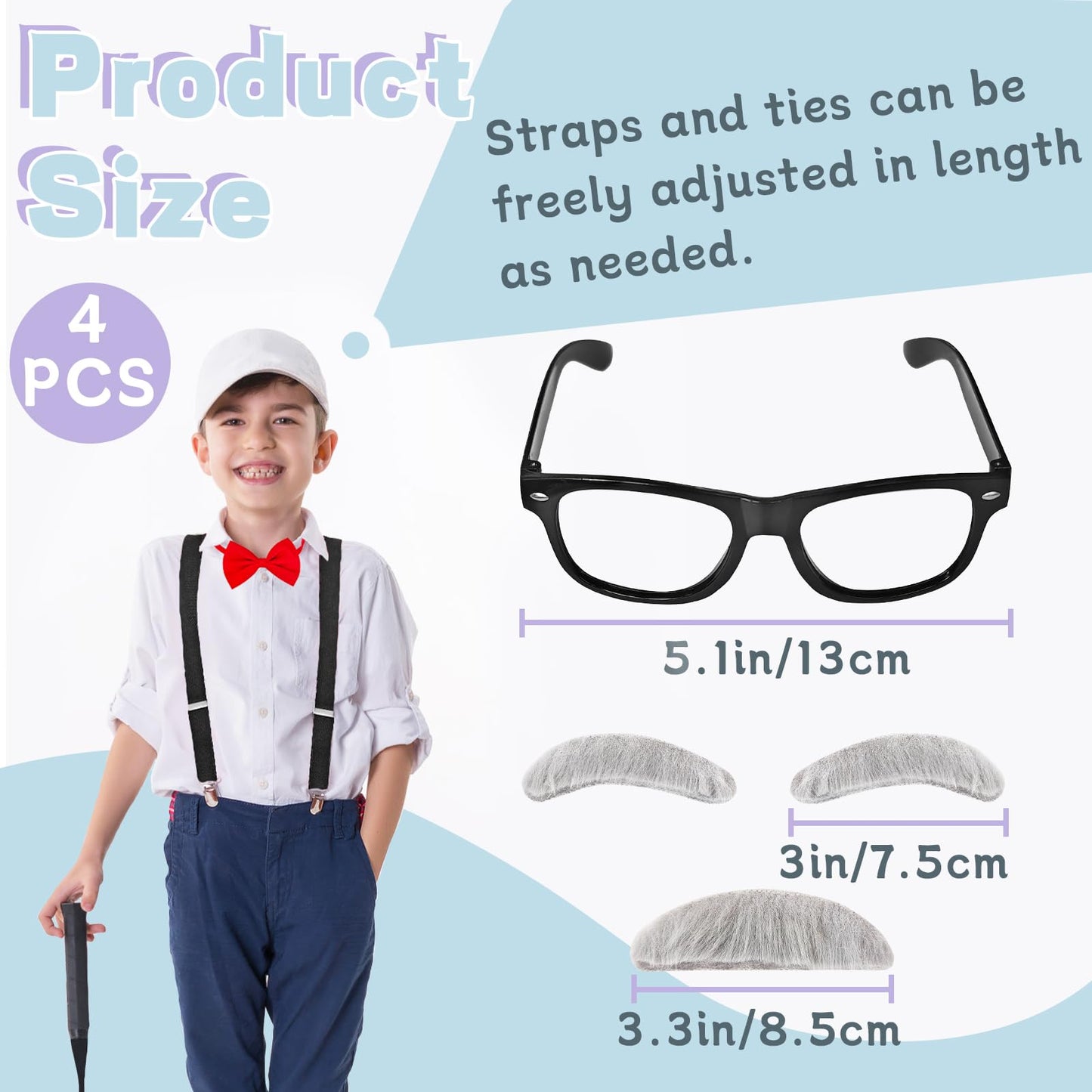 Rrshnsgv Kids Old Man Costume Accessory Set – Glasses, Bow Tie, Suspenders, Mustache & Eyebrows