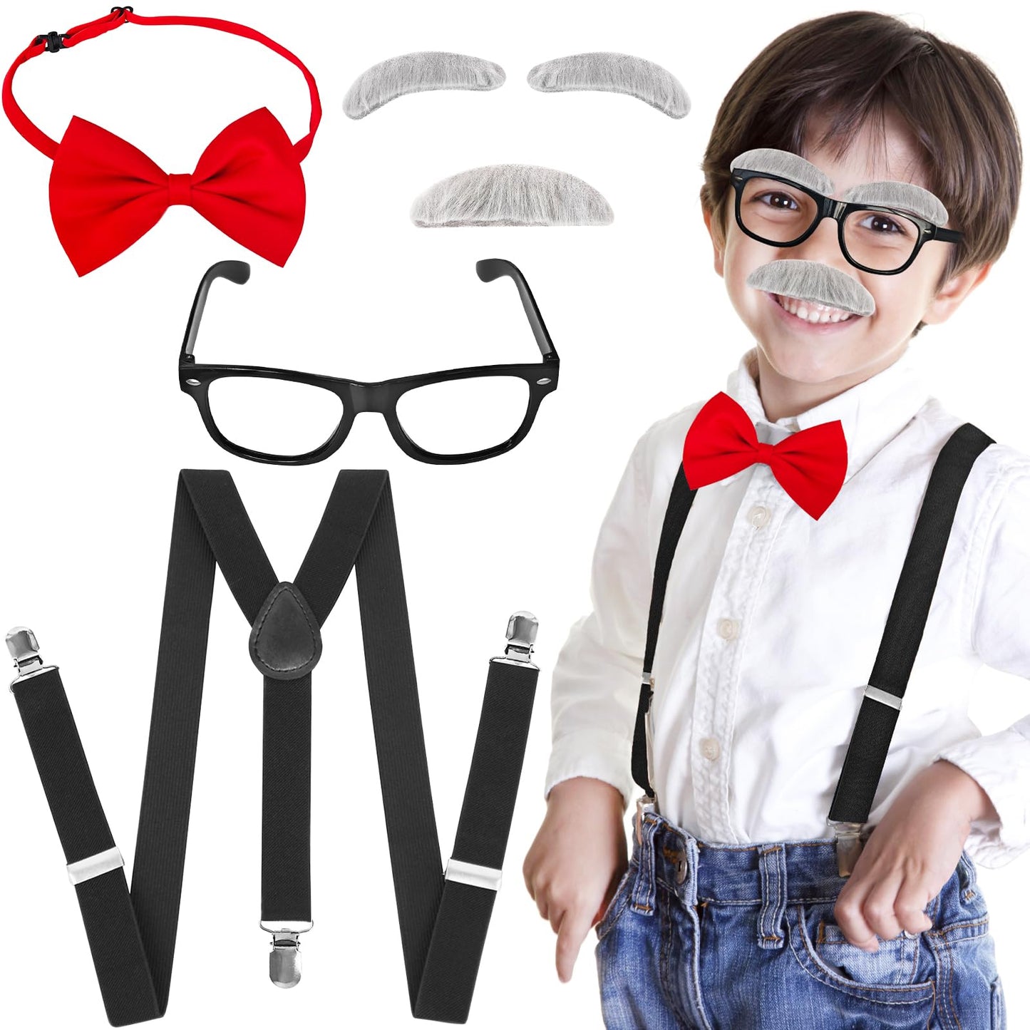 Rrshnsgv Kids Old Man Costume Accessory Set – Glasses, Bow Tie, Suspenders, Mustache & Eyebrows