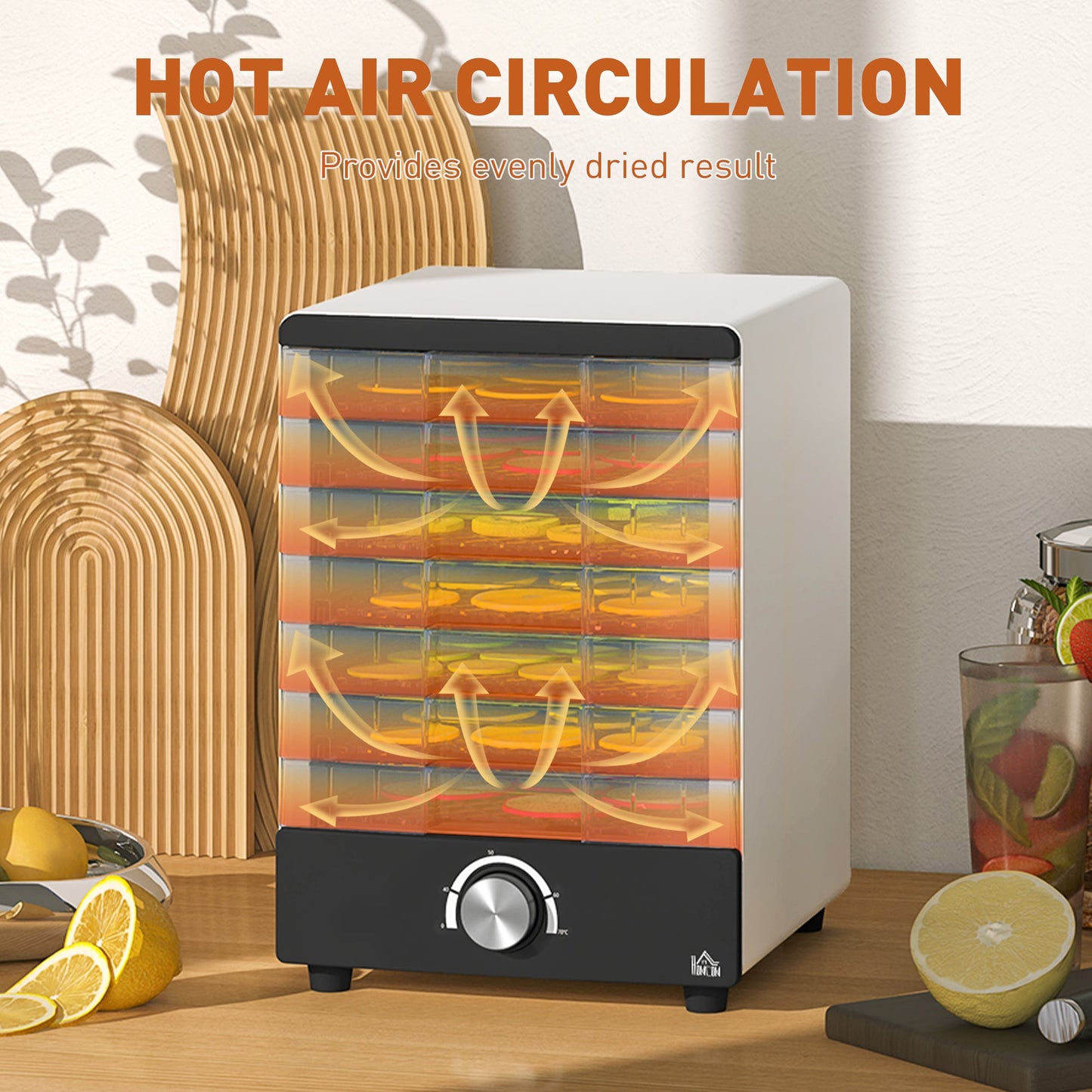 HOMCOM Food Dehydrator with 7 Stainless Steel Tray, for Fruit, Meat, White