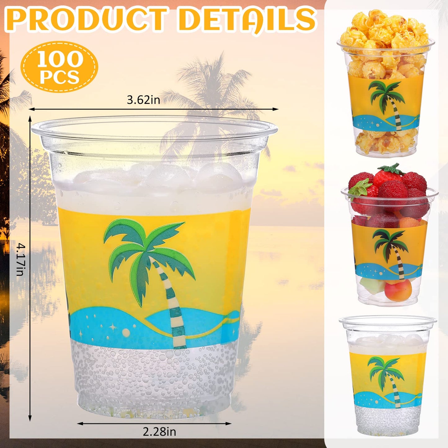 Rtteri 100 Pcs 12oz Luau Cups – Plastic Coconut Tree Wave Design for Summer Beach Parties