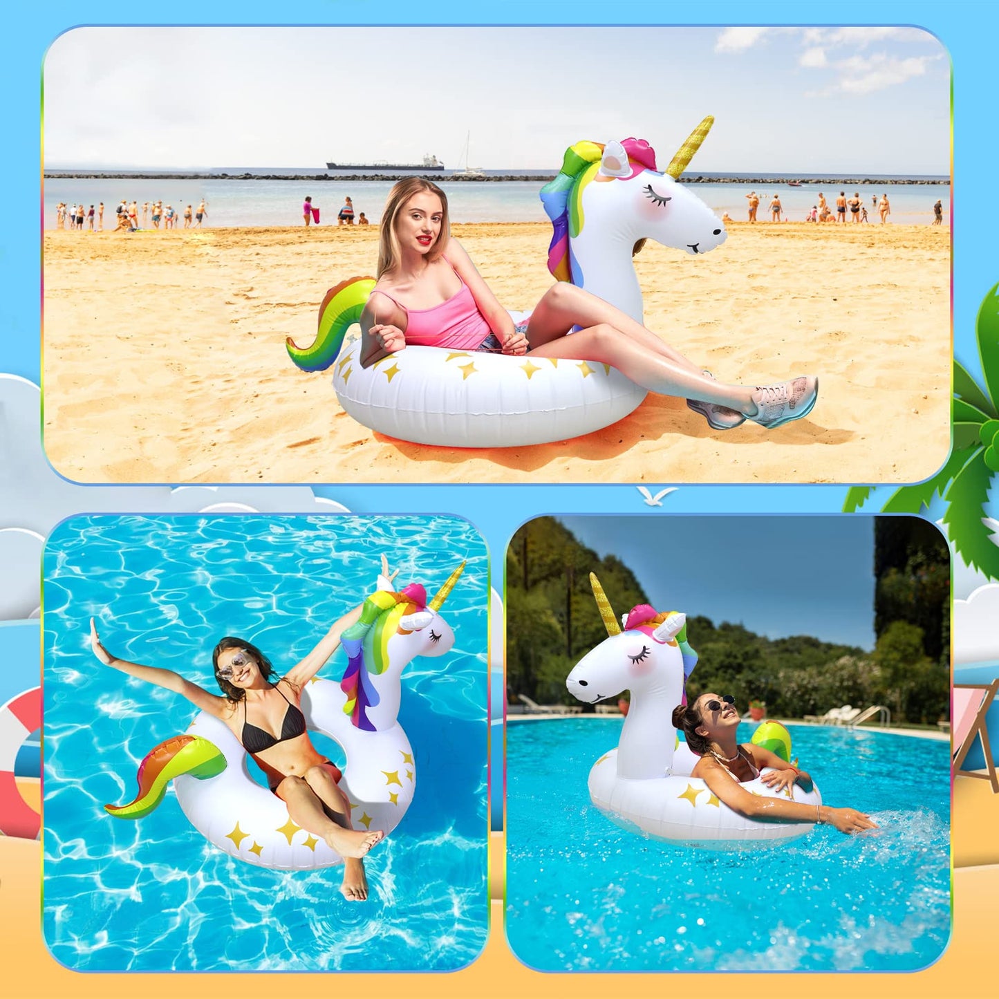 Rtudan Unicorn Pool Floats – Inflatable Unicorn Rings for Adults & Kids