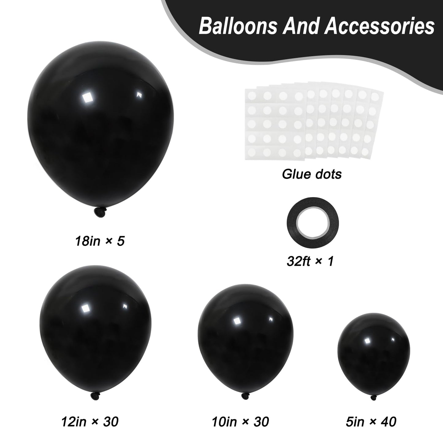 RUBFAC Black Balloons Set - 105pcs (18/12/10/5in) for Garland Arches and Party Decor