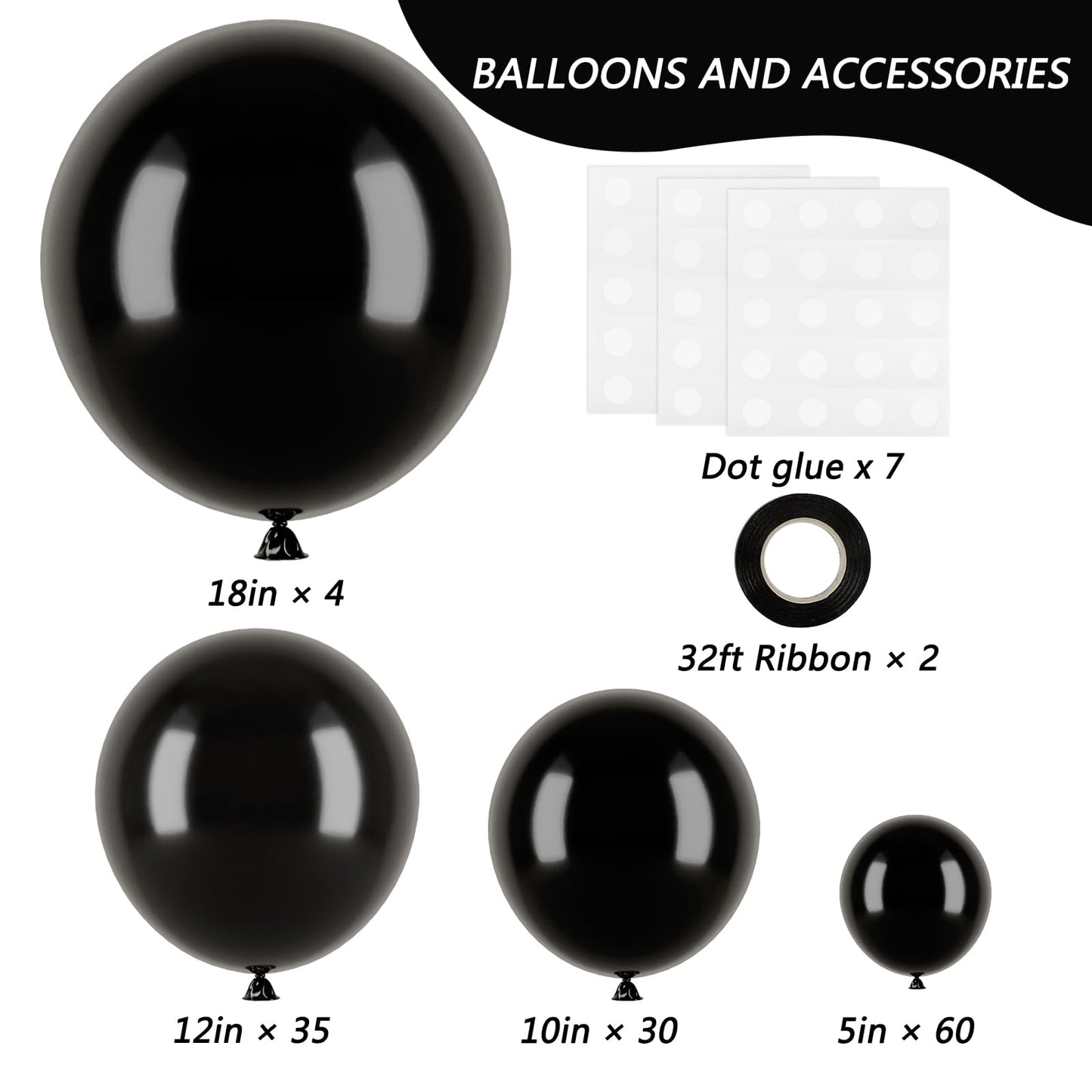 RUBFAC Black Balloons Kit 129pcs for Balloon Arch – 18/12/10/5 Inch Latex Balloons