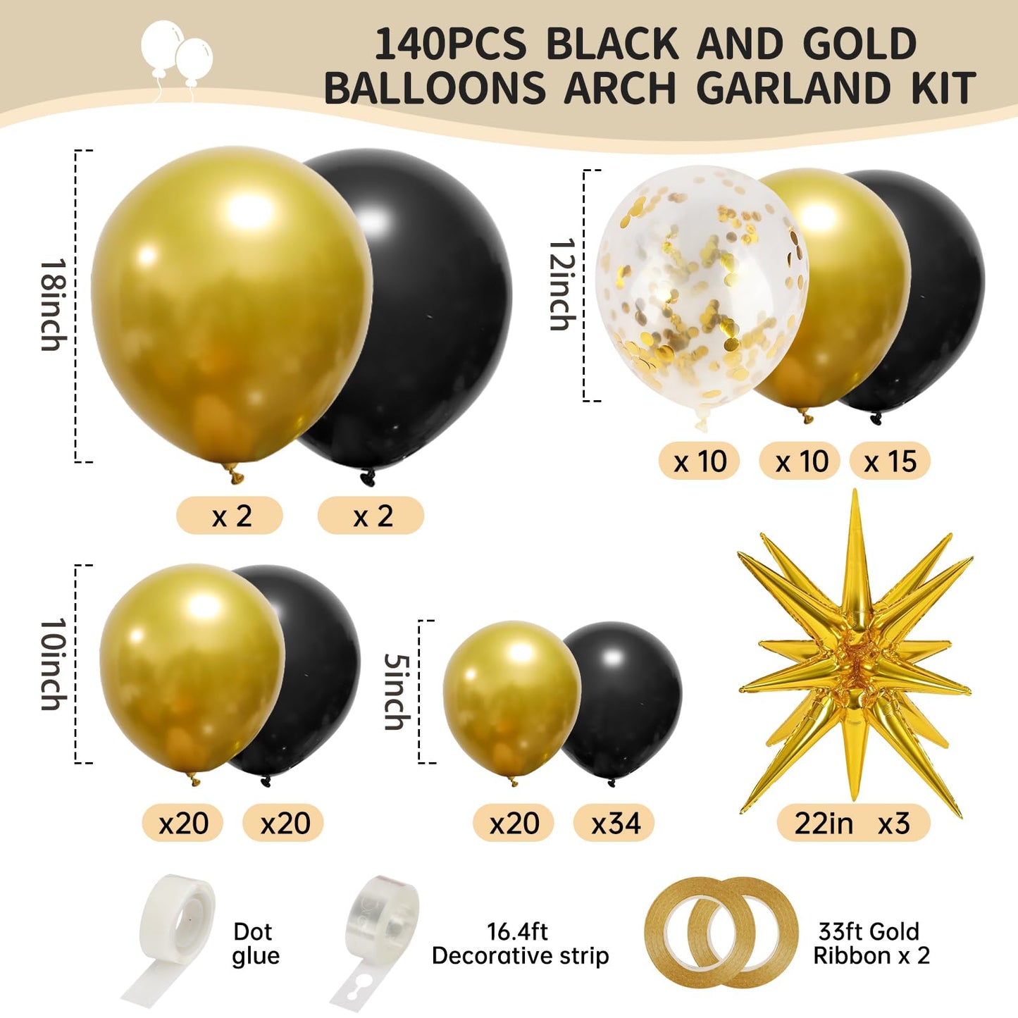 RUBFAC 140pcs Black & Gold Balloons Kit – Premium Latex Confetti Stars, 5/10/12/18 Inch for Party Decor
