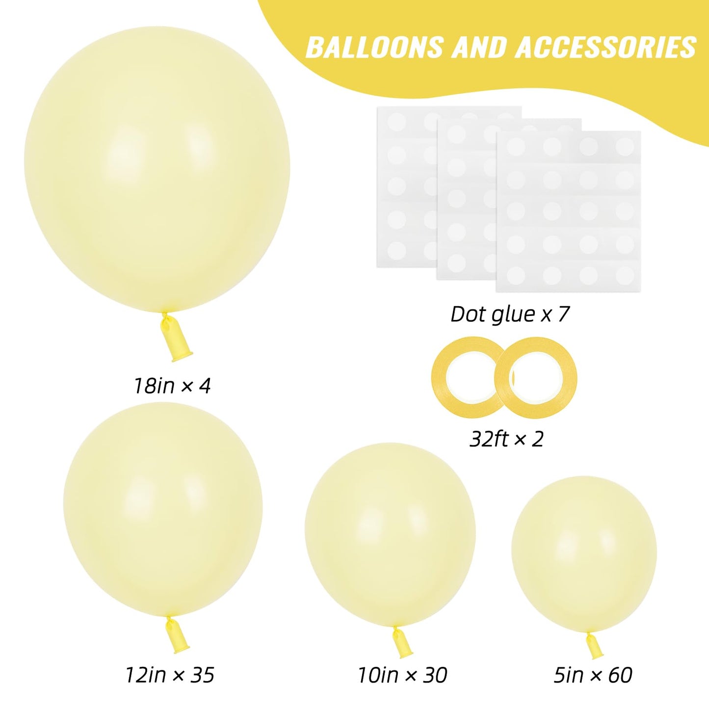 RUBFAC 129pcs Pastel Yellow Balloons Set - 18in, 12in, 10in & 5in for Party Decor