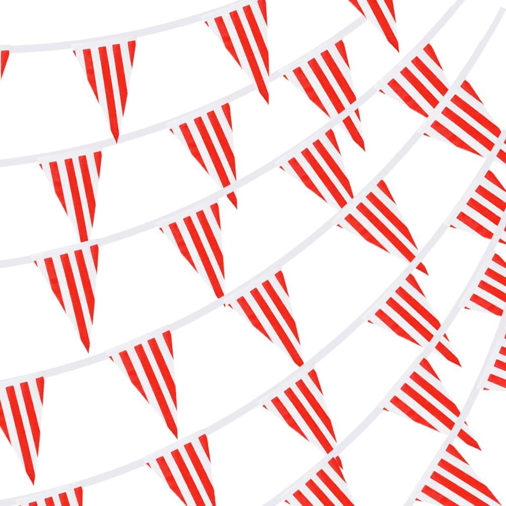 RUBFAC 170ft Red & White Striped Pennant Banner | 120 Flags, Reusable Carnival Decorations