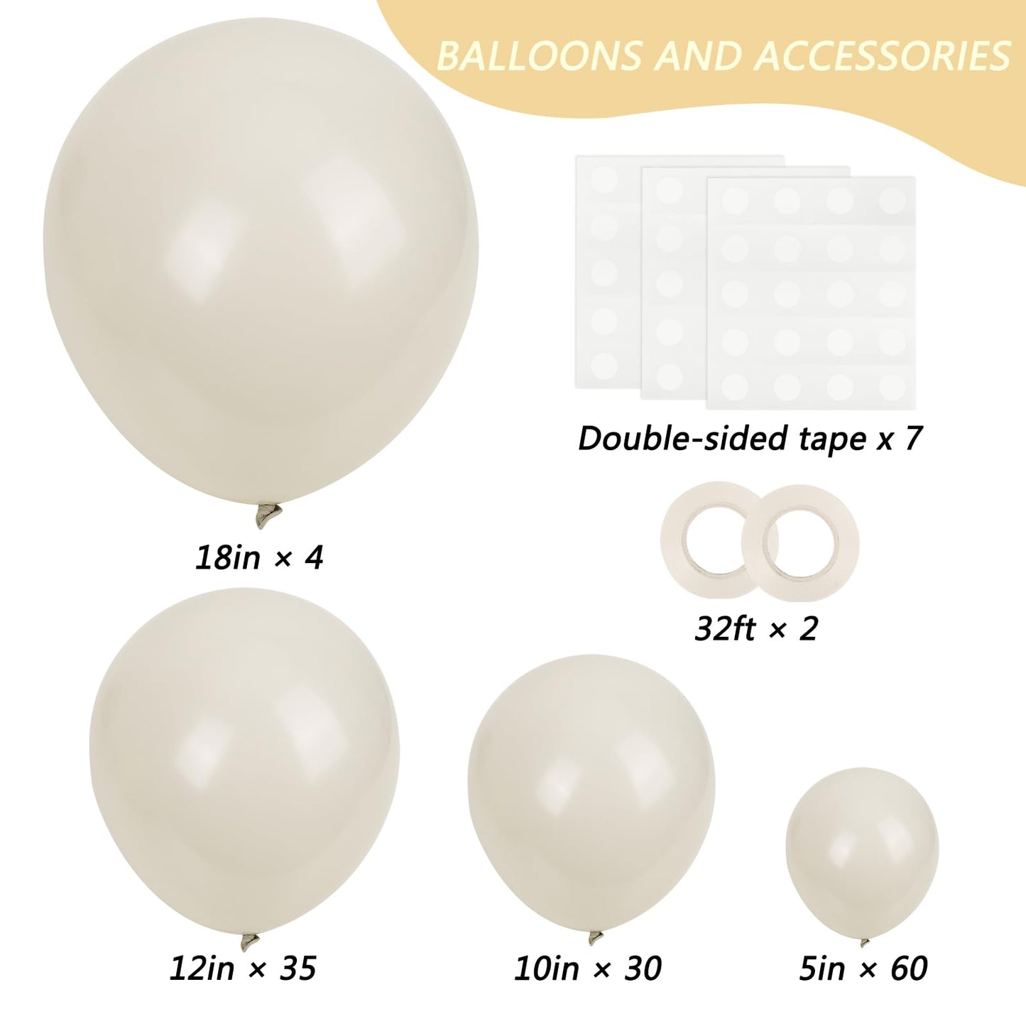 RUBFAC 129pcs Sand White Balloon Kit – 18/12/10/5in for Balloon Garland Arch, Party & Wedding Decor