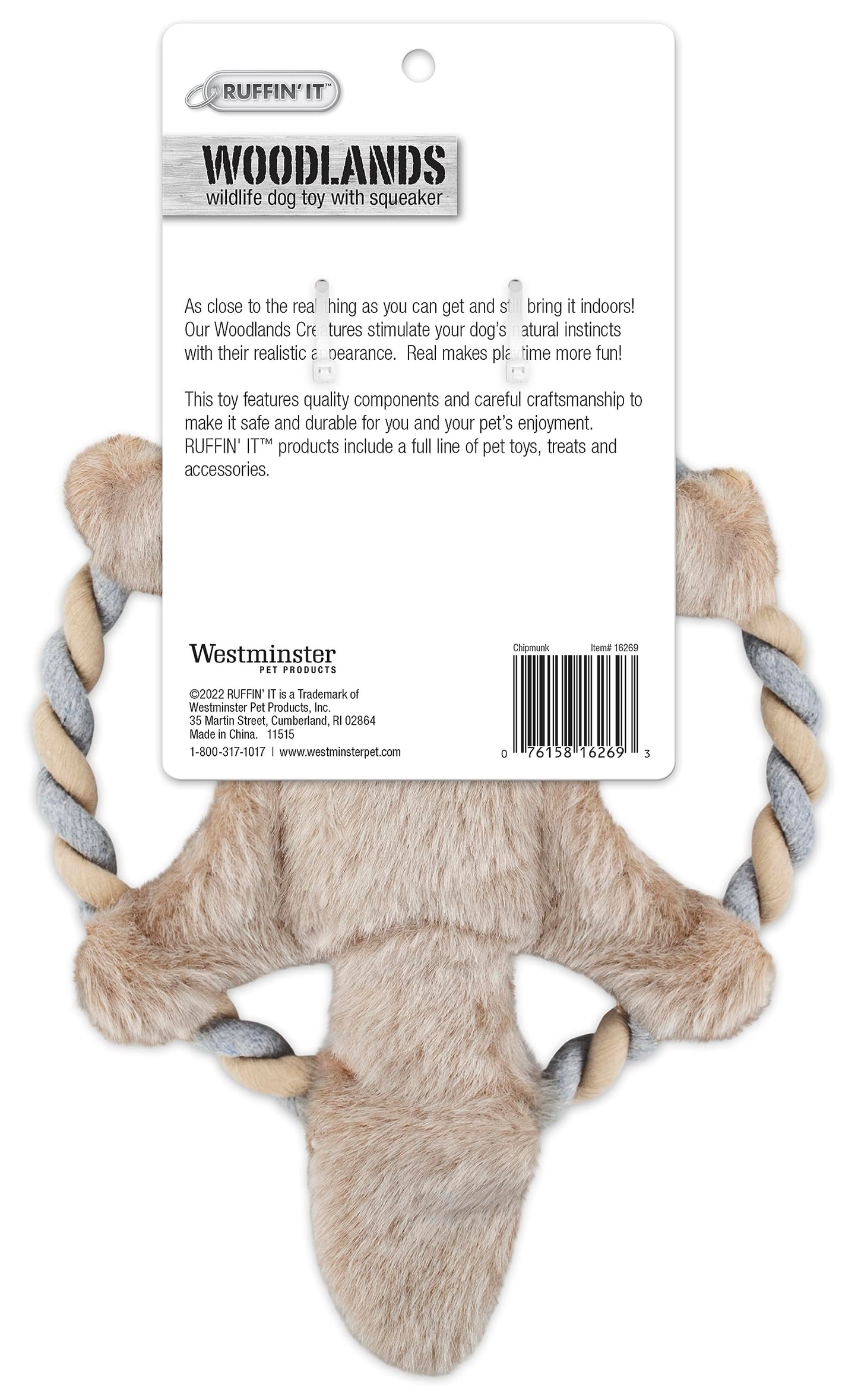 RUFFIN' IT Rhode Island Woodlands Chipmunk Plush Toy with Rope Ring – All Breed Sizes, 8.5-inch