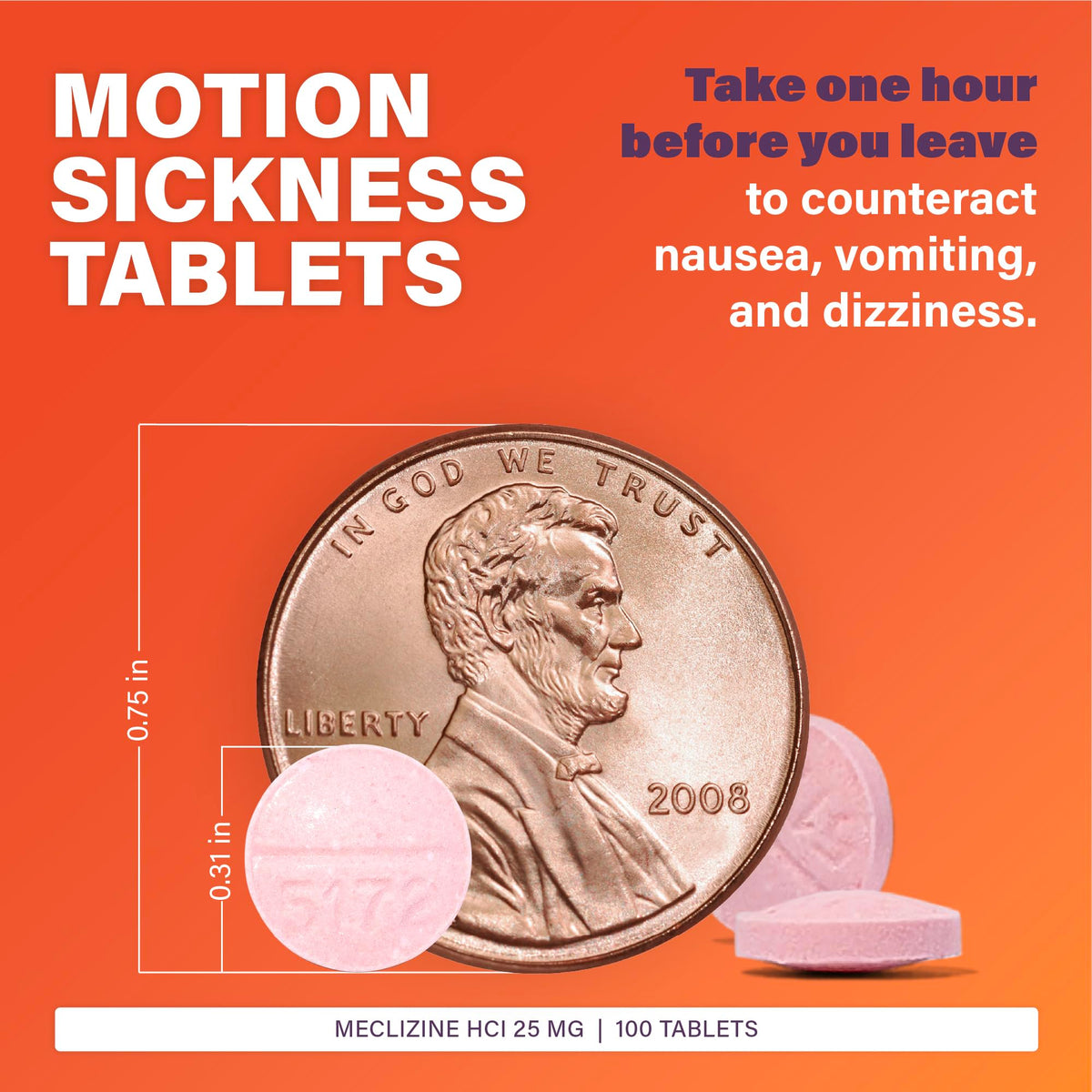 Rugby Meclizine 25mg Chewables – Motion Sickness Relief, 100 Count (3 Pack) | Rugby Laboratories