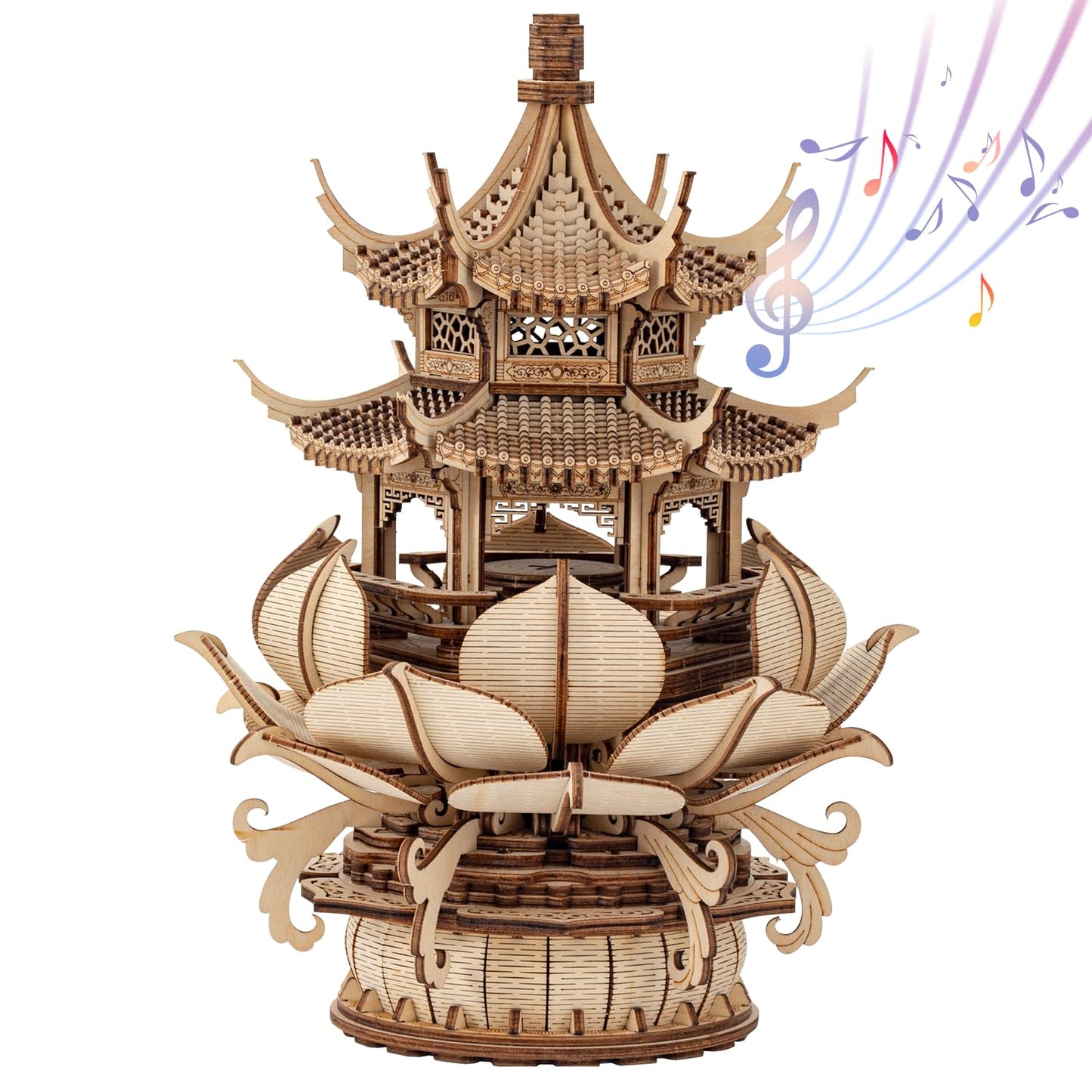 RUIFAM 3D Wooden Puzzle Lotus Pavilion Music Box – 619-Piece DIY Kit for Adults