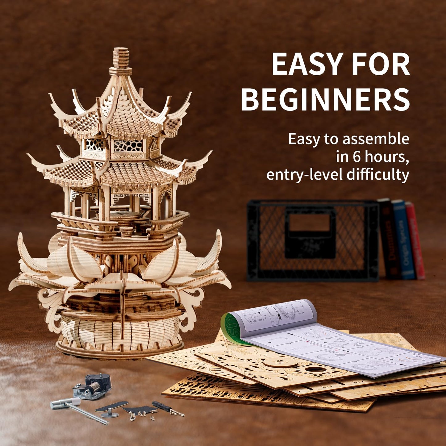RUIFAM 3D Wooden Puzzle Lotus Pavilion Music Box – 619-Piece DIY Kit for Adults