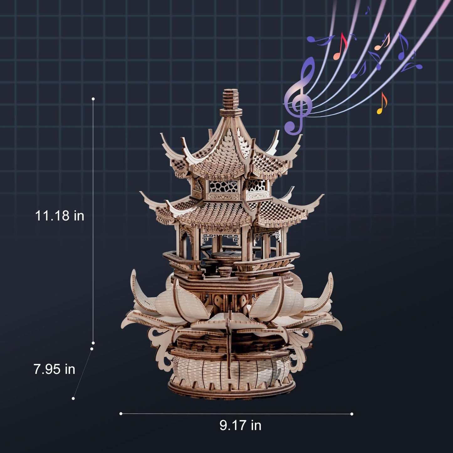RUIFAM 3D Wooden Puzzle Lotus Pavilion Music Box – 619-Piece DIY Kit for Adults