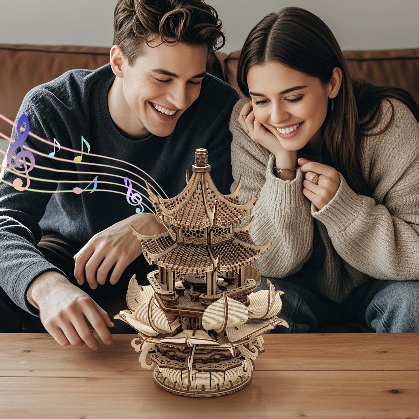 RUIFAM 3D Wooden Puzzle Lotus Pavilion Music Box – 619-Piece DIY Kit for Adults