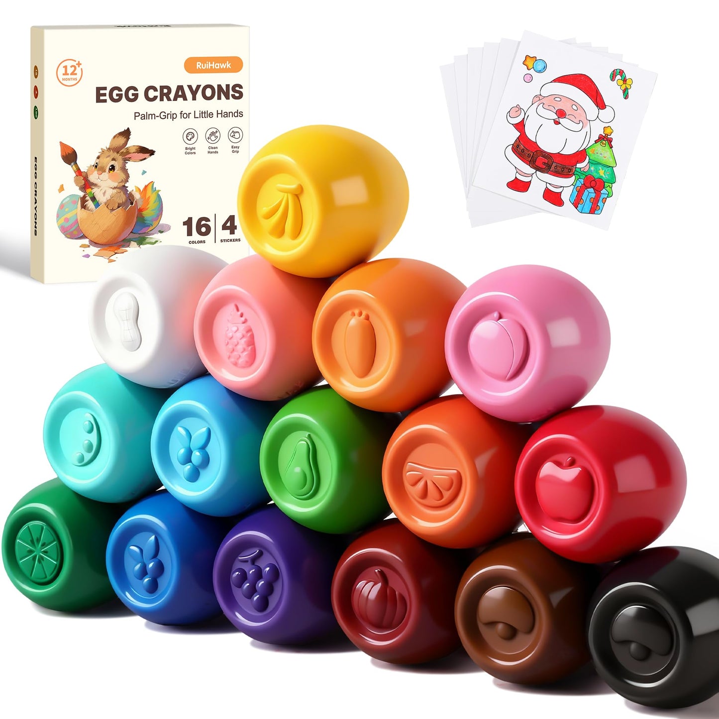 RuiHawk Egg Crayons for Toddlers – 16 Colors, Easy-Grip, Anti-Roll, Washable & Non-Toxic
