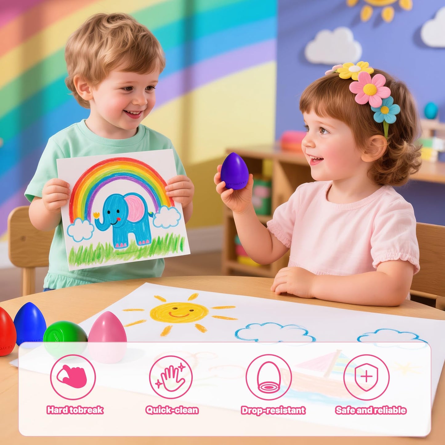 RuiHawk Egg Crayons for Toddlers – 16 Colors, Easy-Grip, Anti-Roll, Washable & Non-Toxic