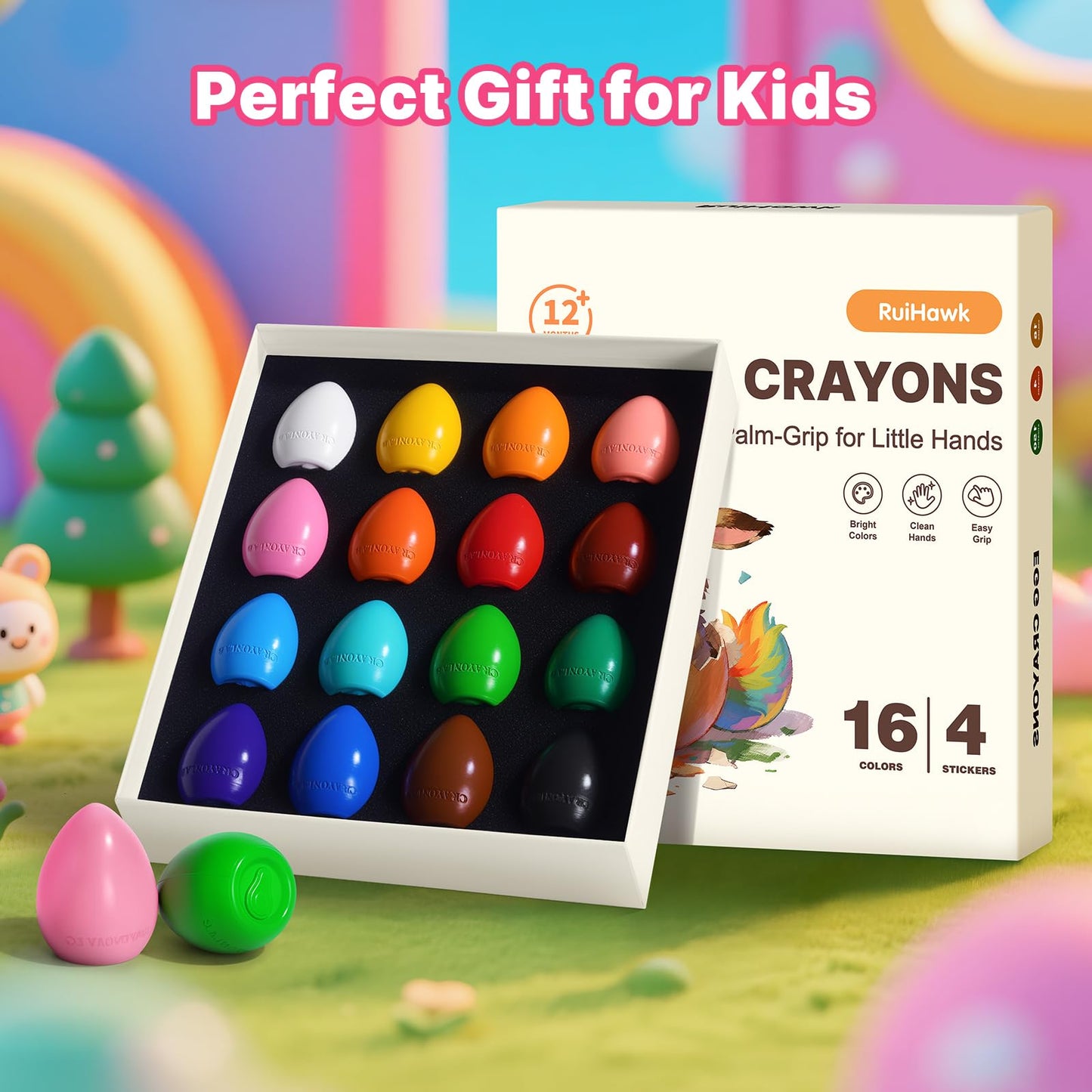 RuiHawk Egg Crayons for Toddlers – 16 Colors, Easy-Grip, Anti-Roll, Washable & Non-Toxic
