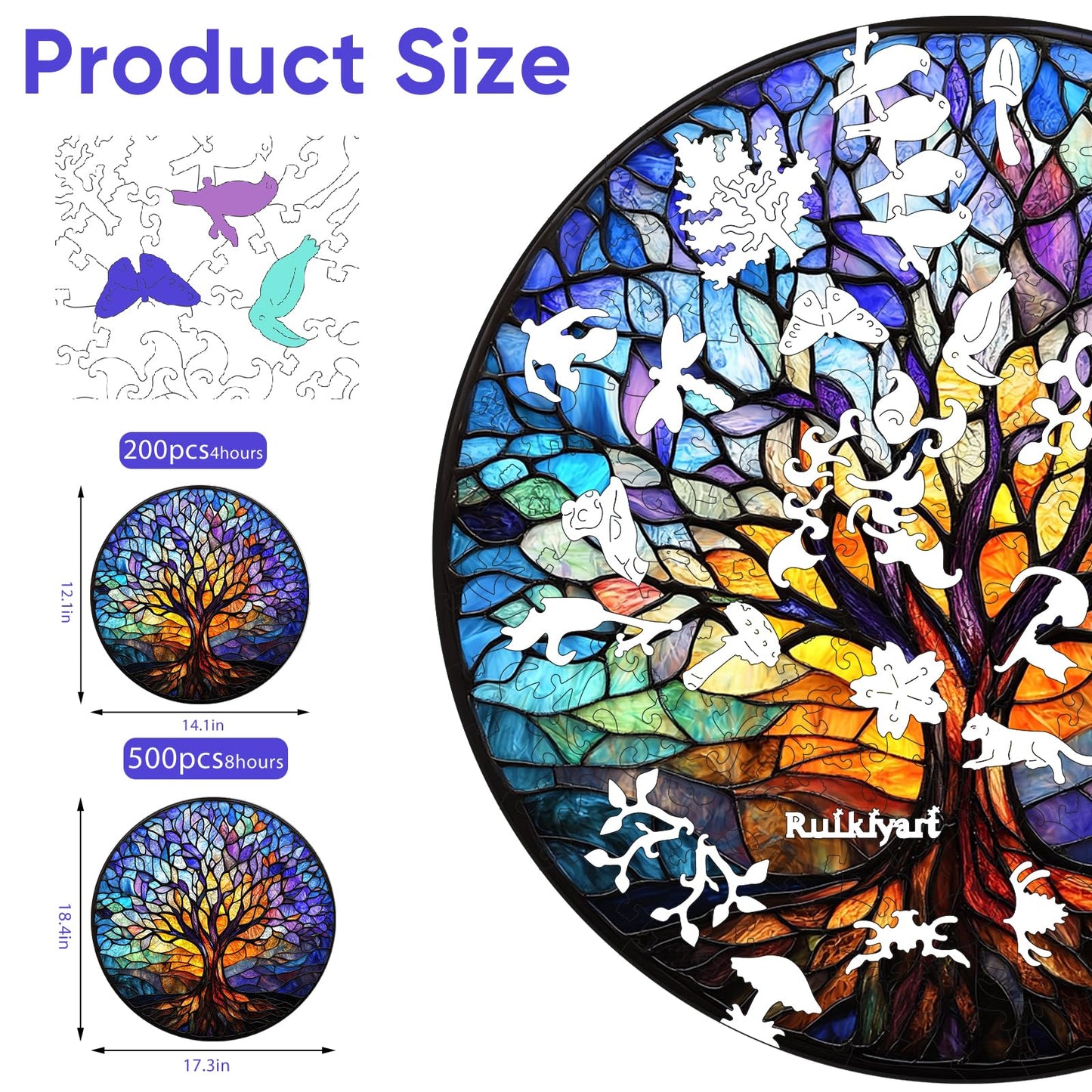 Ruikiyart 500-Piece Wooden Puzzle — Tree of Life Mosaic, 5mm Thick, 17.3”x18.4”