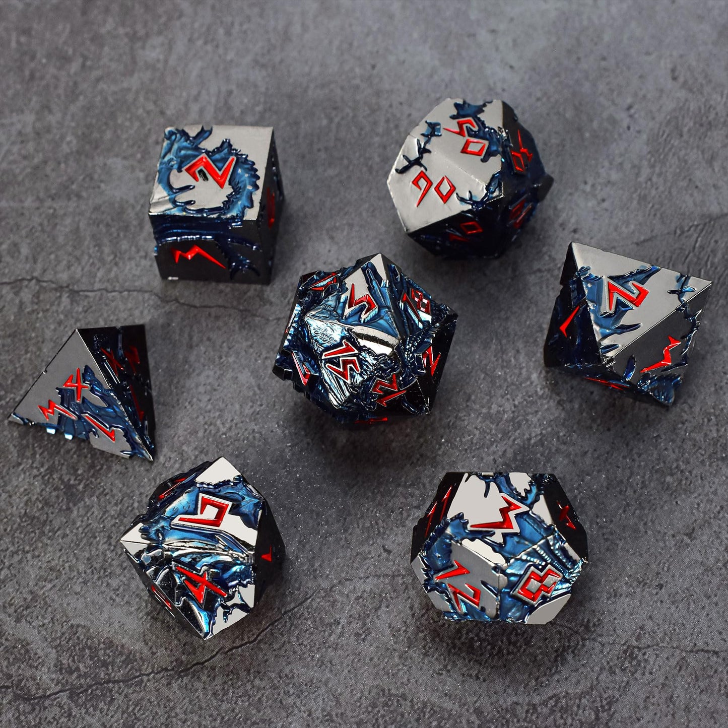 Rule Dice D&D Dice Set – 7 Metal Polyhedral Dice, Blue Dragon Design in Gift Case
