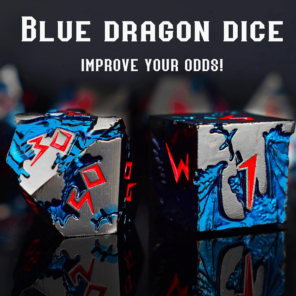 Rule Dice D&D Dice Set – 7 Metal Polyhedral Dice, Blue Dragon Design in Gift Case