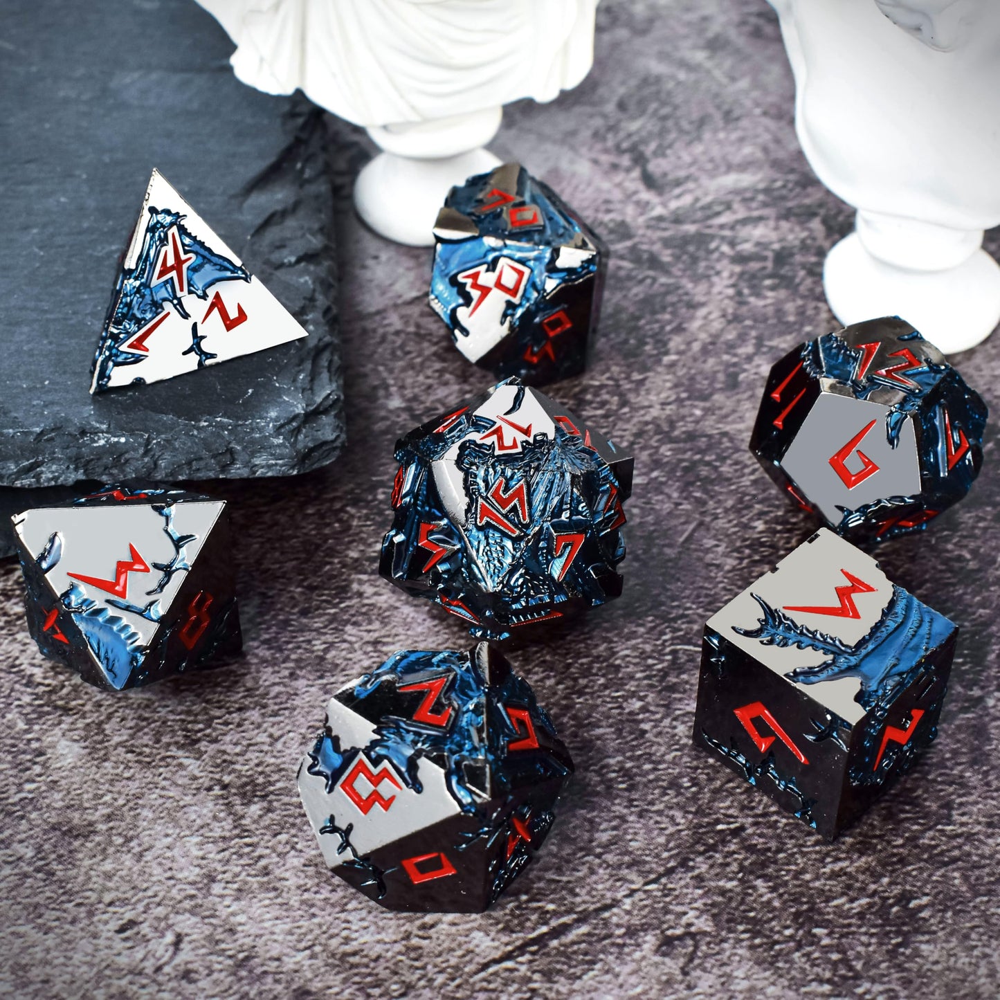 Rule Dice D&D Dice Set – 7 Metal Polyhedral Dice, Blue Dragon Design in Gift Case