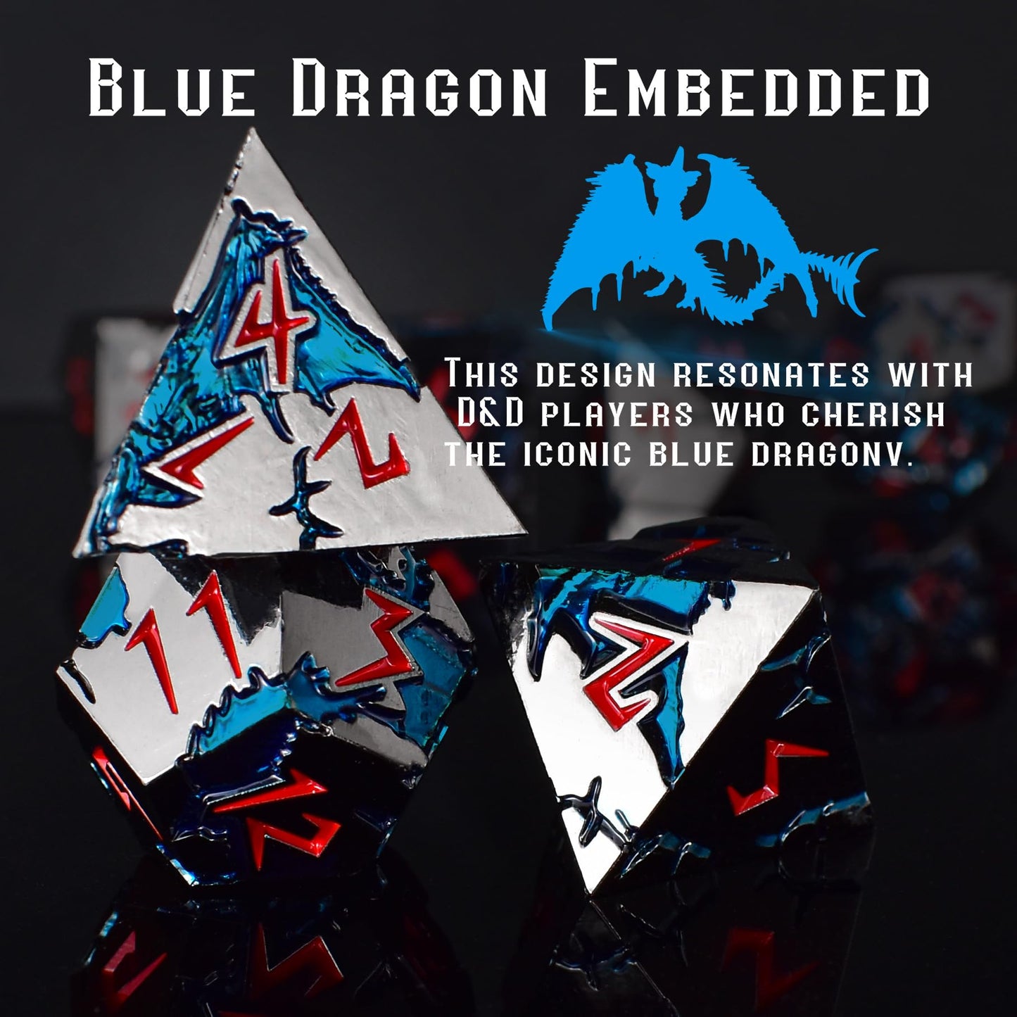 Rule Dice D&D Dice Set – 7 Metal Polyhedral Dice, Blue Dragon Design in Gift Case