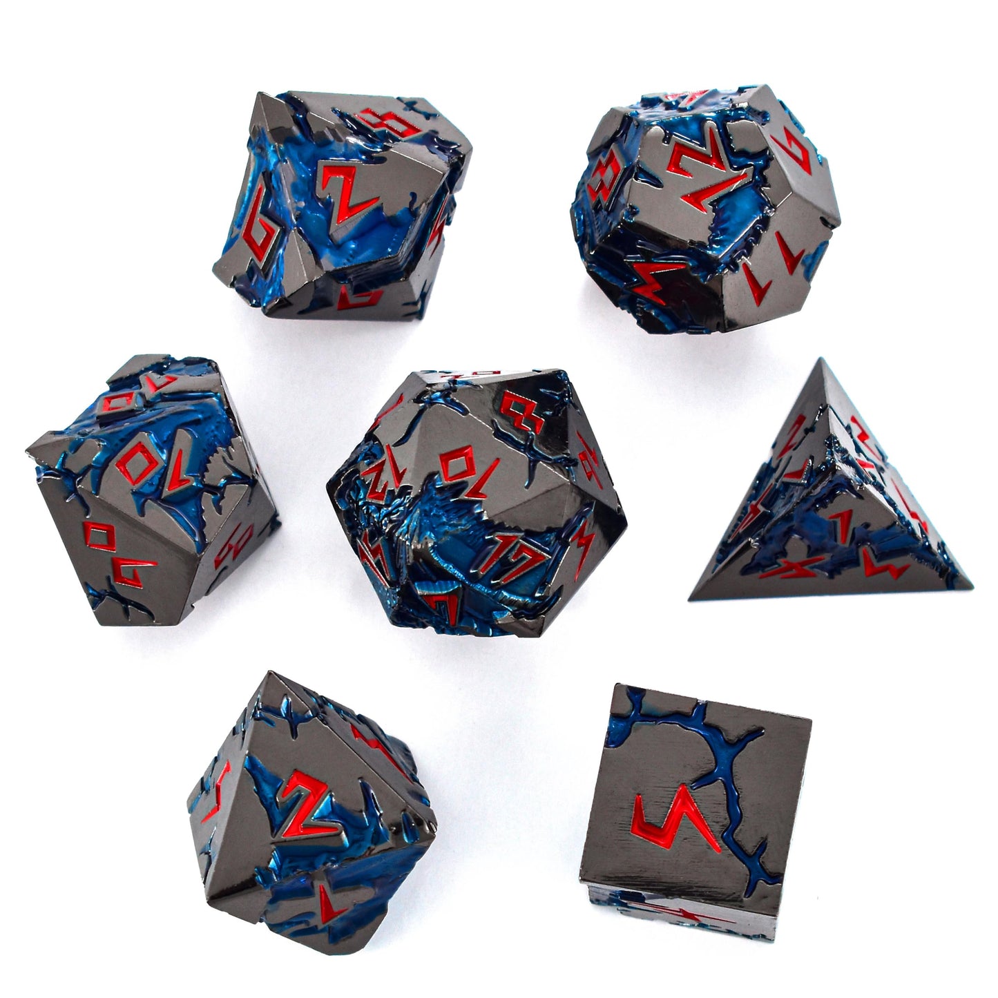 Rule Dice D&D Dice Set – 7 Metal Polyhedral Dice, Blue Dragon Design in Gift Case