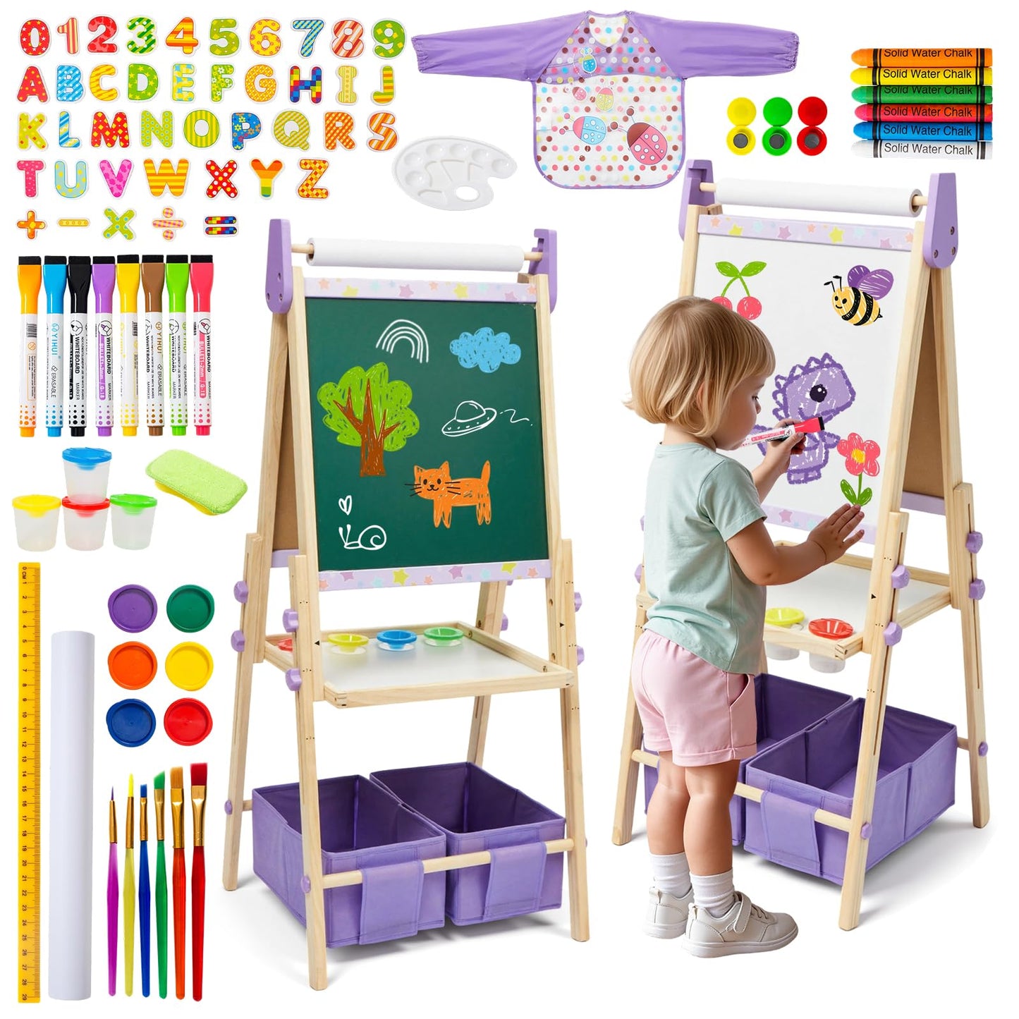 Rundad 3-in-1 Kids Art Easel Set — Height-Adjustable Magnetic Whiteboard & Chalkboard with Art Supplies Included