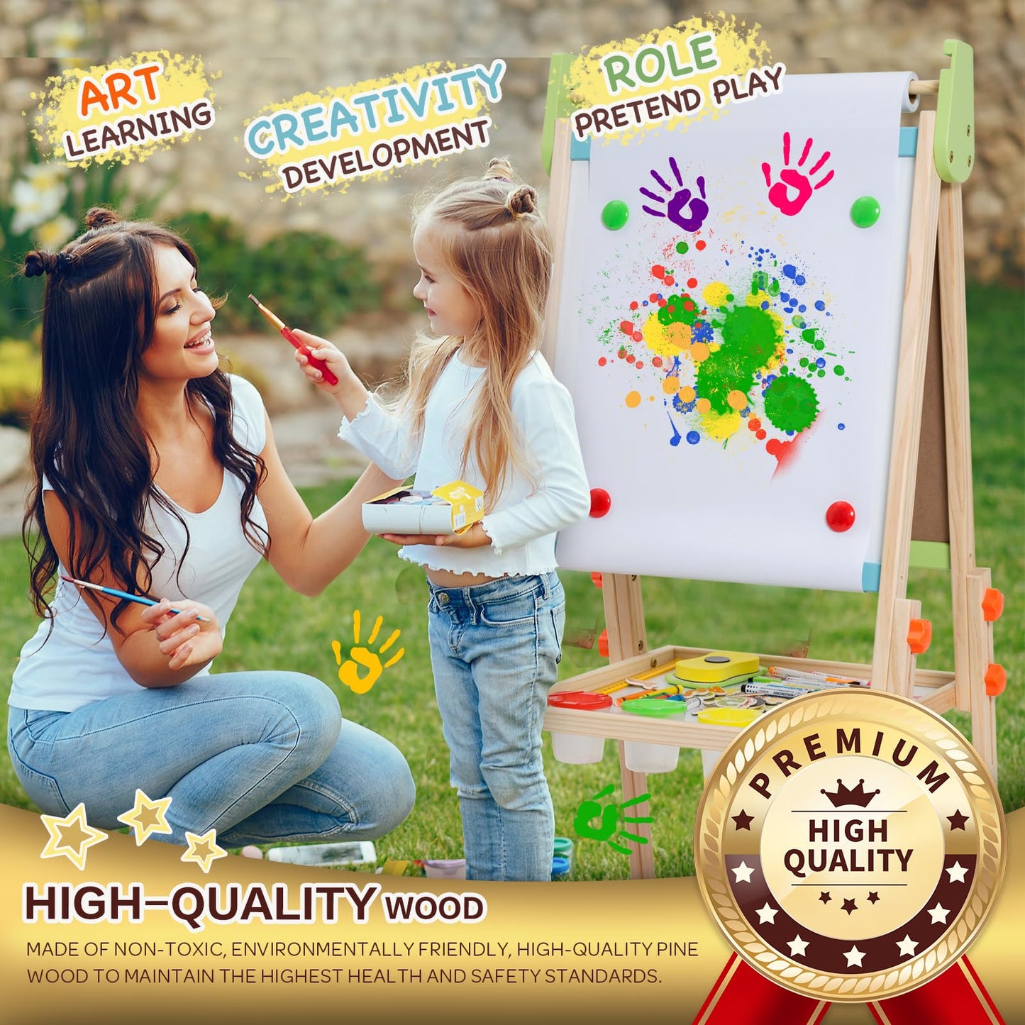 Rundad Kids Easel – Double-Sided Wooden Art Easel with 100+ Accessories, Height Adjustable