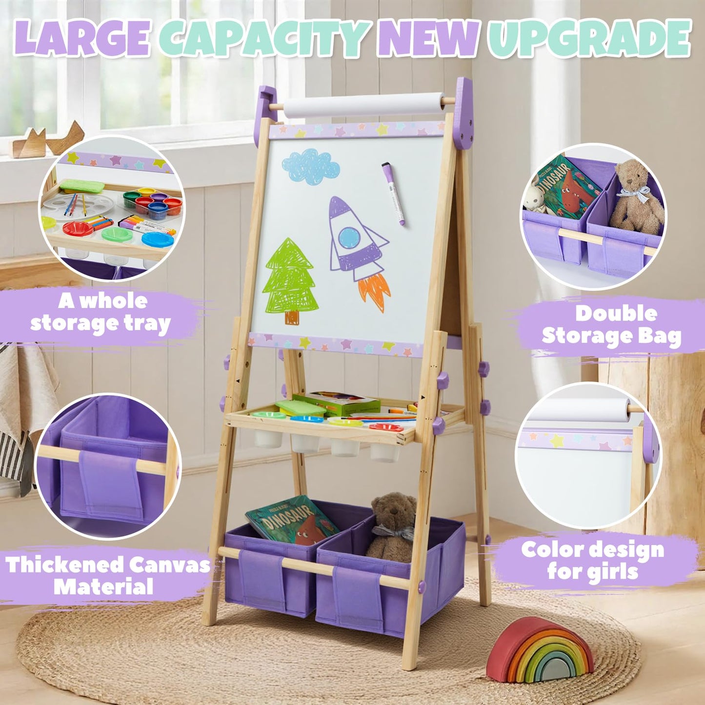 Rundad 3-in-1 Kids Art Easel Set — Height-Adjustable Magnetic Whiteboard & Chalkboard with Art Supplies Included