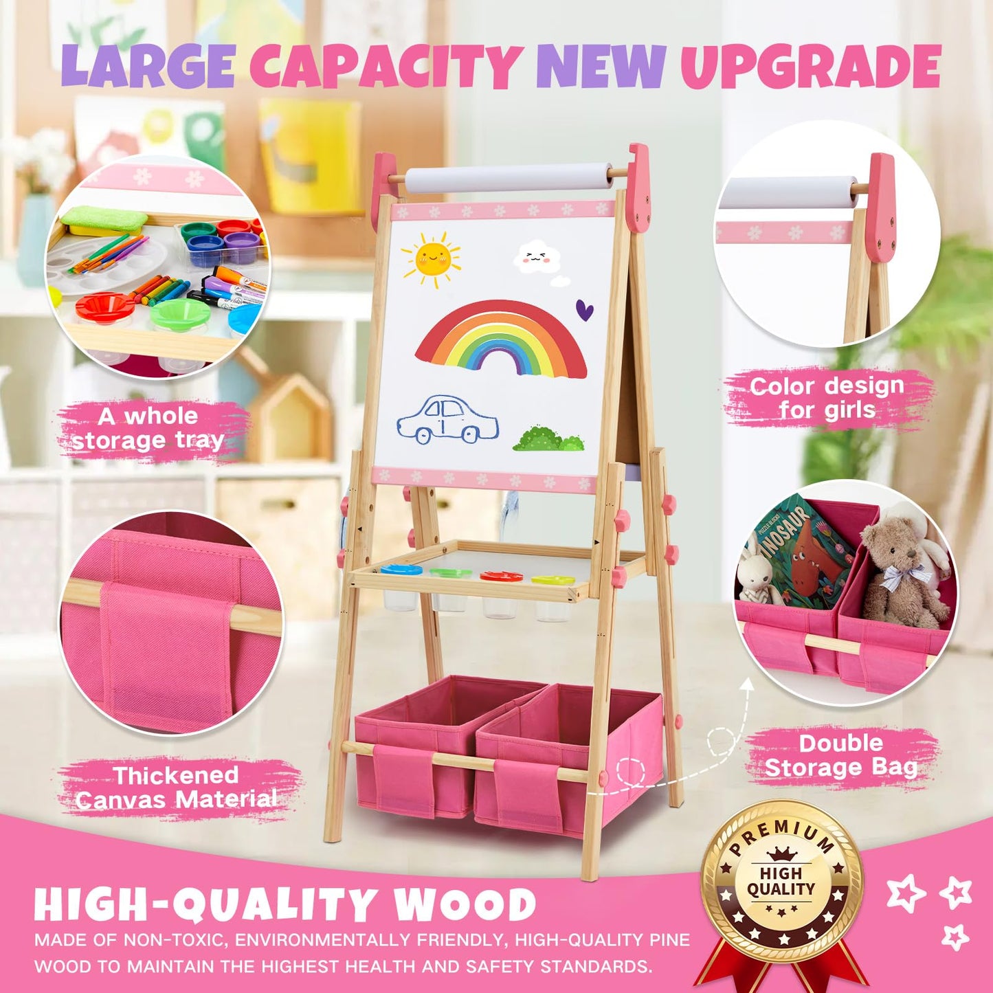 Rundad Kids Easel with 100+ Accessories – Dual-Sided Pink Art Easel for Ages 3-12