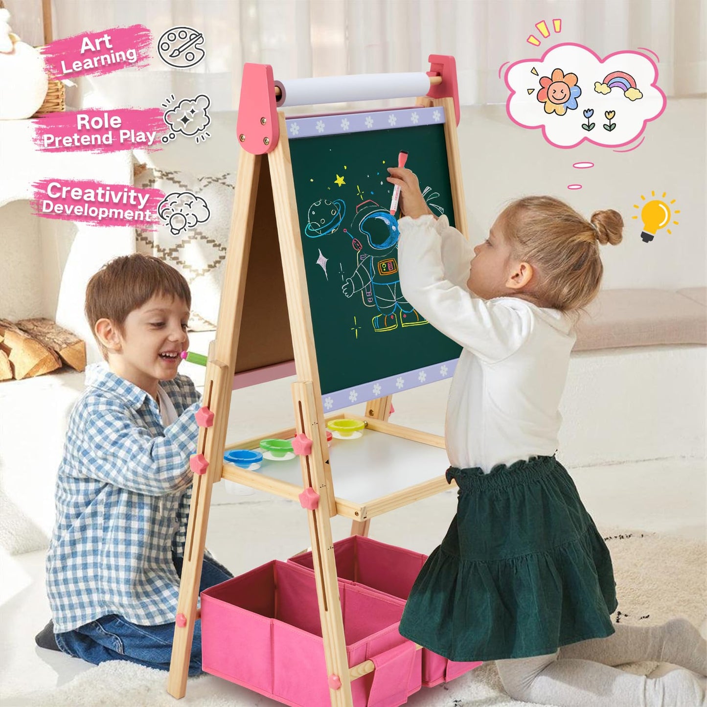 Rundad Kids Easel with 100+ Accessories – Dual-Sided Pink Art Easel for Ages 3-12