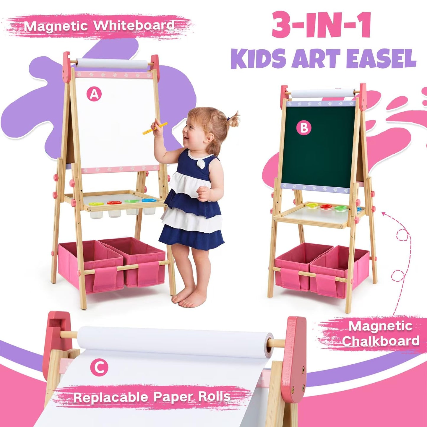 Rundad Kids Easel with 100+ Accessories – Dual-Sided Pink Art Easel for Ages 3-12