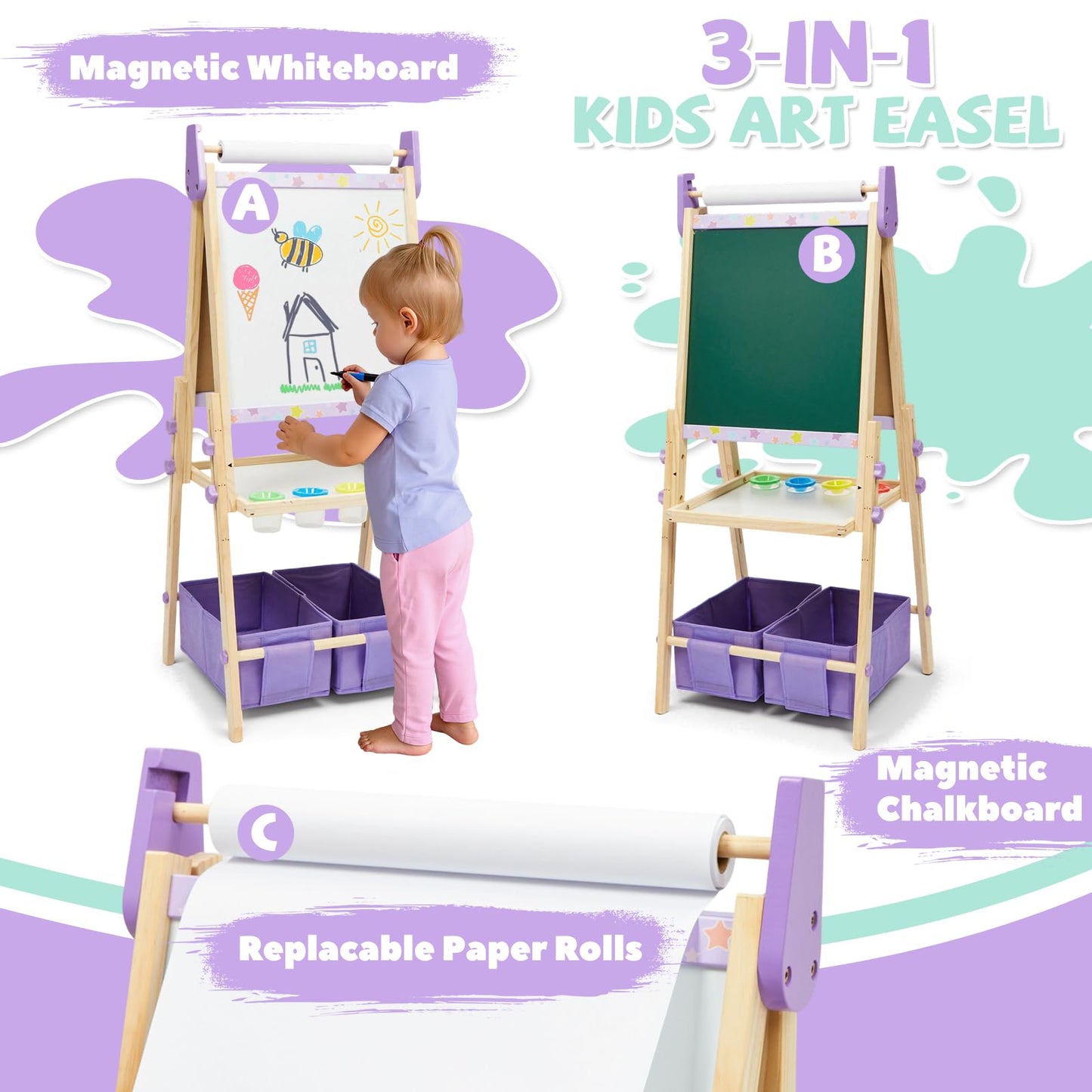 Rundad 3-in-1 Kids Art Easel Set — Height-Adjustable Magnetic Whiteboard & Chalkboard with Art Supplies Included
