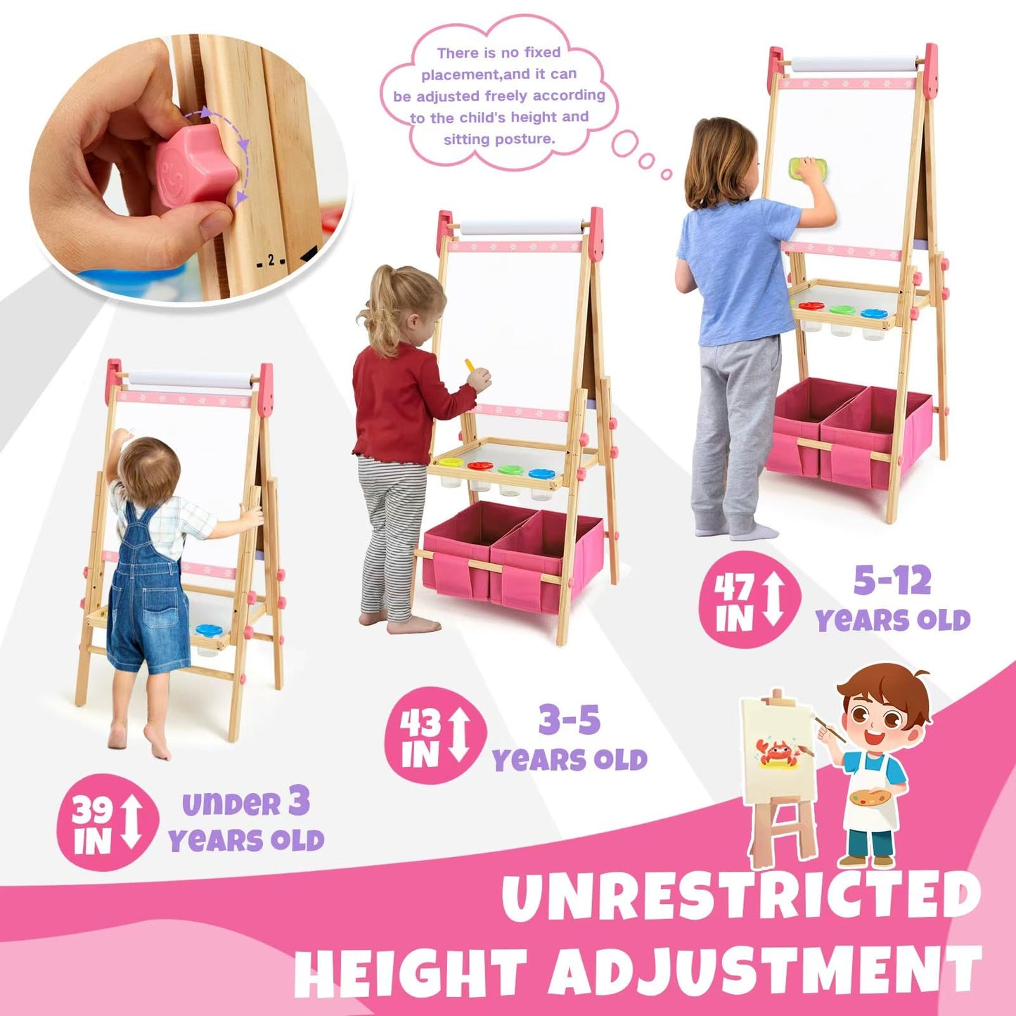 Rundad Kids Easel with 100+ Accessories – Dual-Sided Pink Art Easel for Ages 3-12