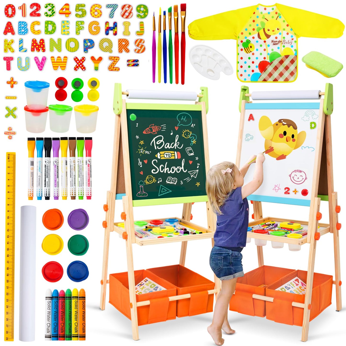 Rundad Kids Easel – Double-Sided Wooden Art Easel with 100+ Accessories, Height Adjustable