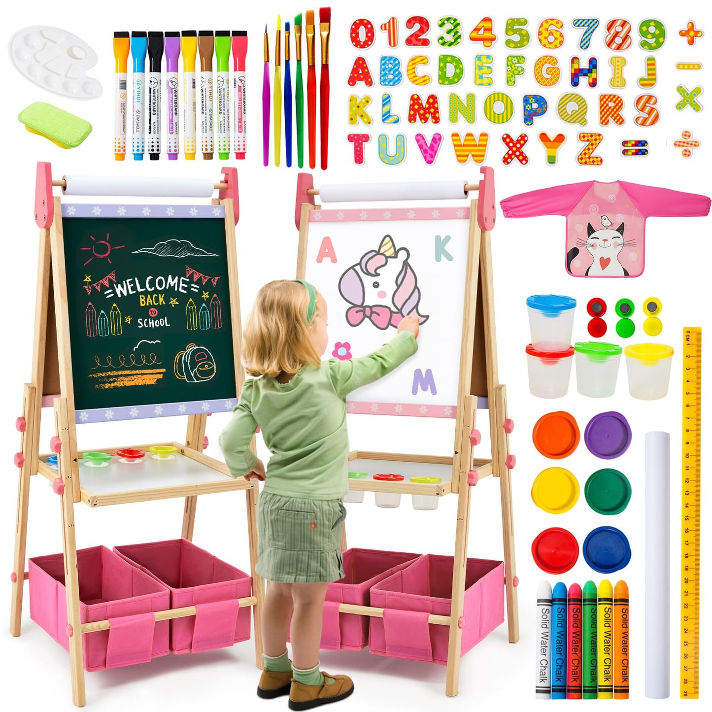 Rundad Kids Easel with 100+ Accessories – Dual-Sided Pink Art Easel for Ages 3-12