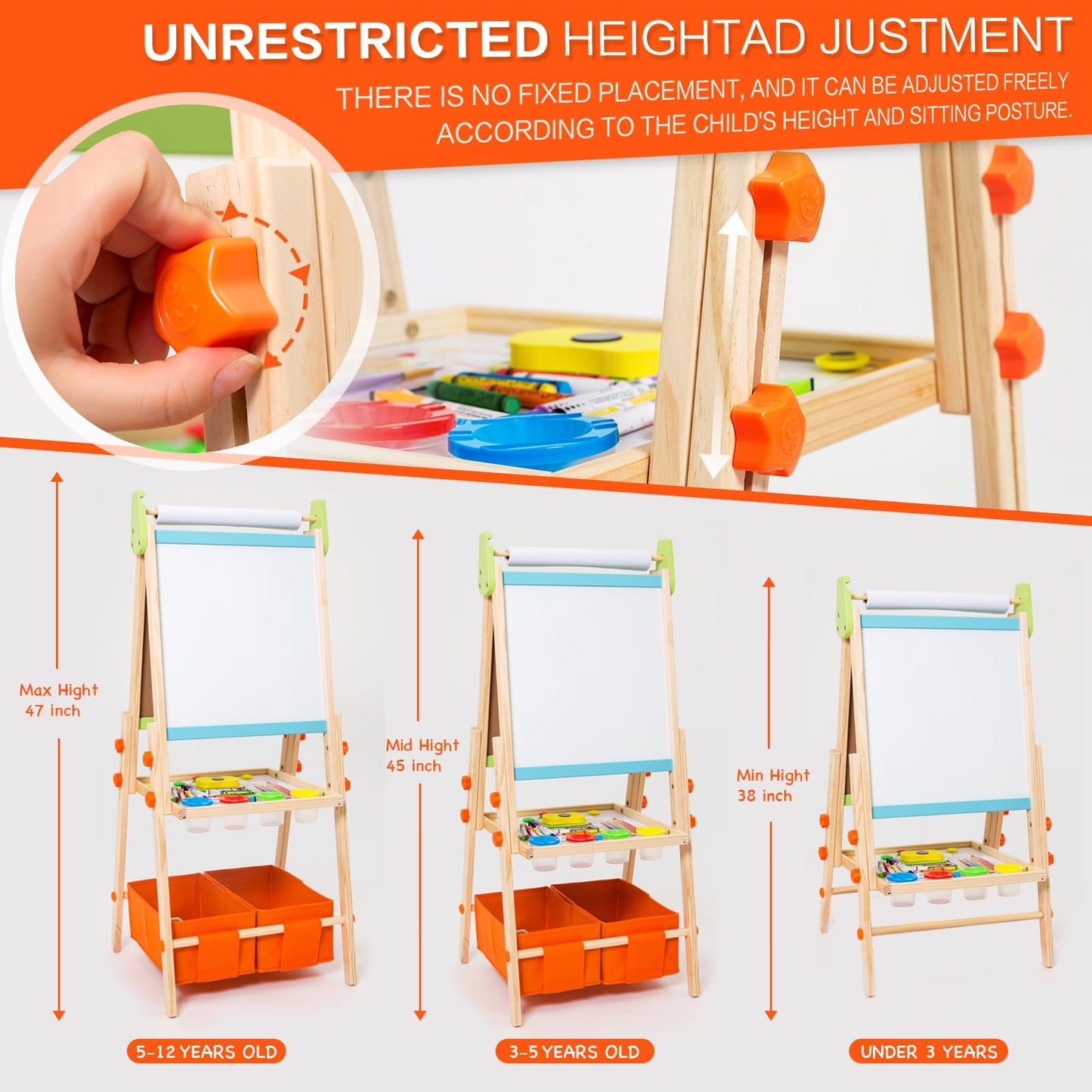 Rundad Kids Easel – Double-Sided Wooden Art Easel with 100+ Accessories, Height Adjustable