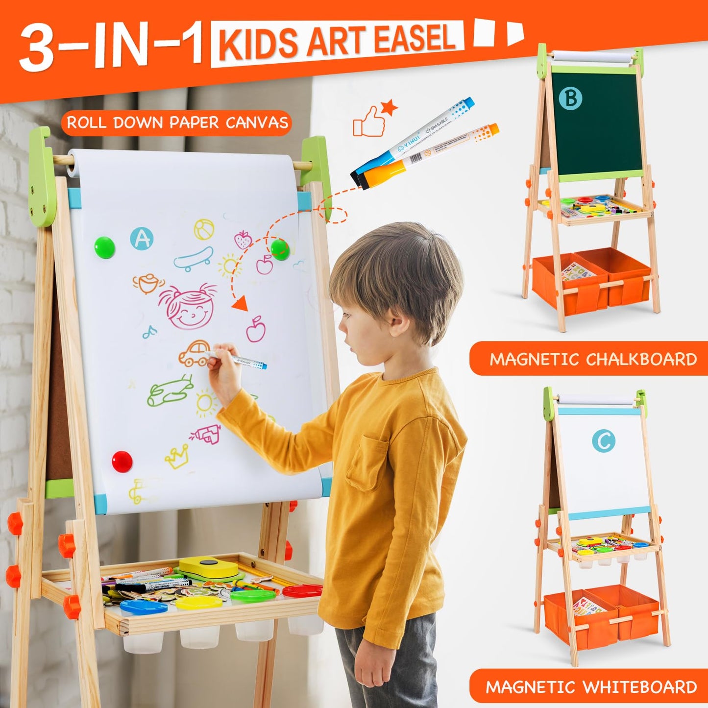 Rundad Kids Easel – Double-Sided Wooden Art Easel with 100+ Accessories, Height Adjustable