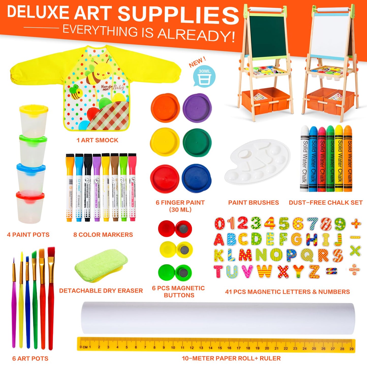 Rundad Kids Easel – Double-Sided Wooden Art Easel with 100+ Accessories, Height Adjustable