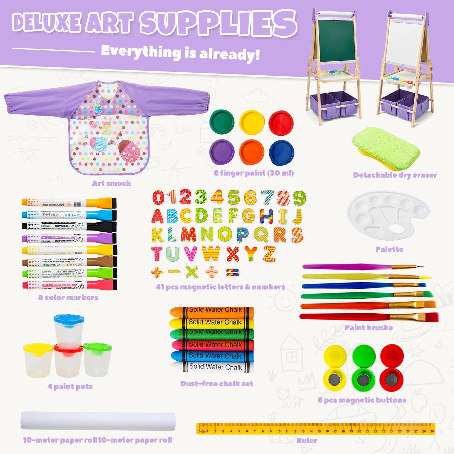 Rundad 3-in-1 Kids Art Easel Set — Height-Adjustable Magnetic Whiteboard & Chalkboard with Art Supplies Included