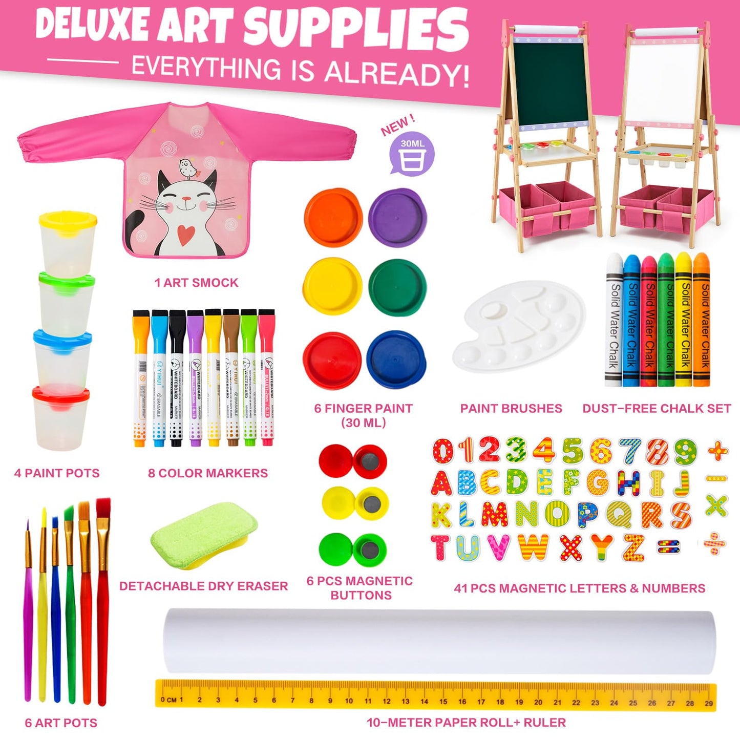 Rundad Kids Easel with 100+ Accessories – Dual-Sided Pink Art Easel for Ages 3-12