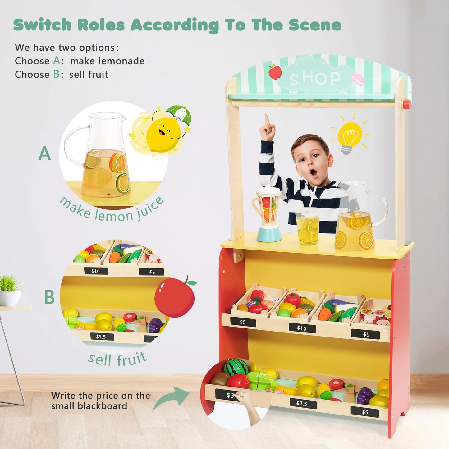 Rundad Wooden Puppet Theater with Bonus Puppets, Lemonade Stand & Chalkboard