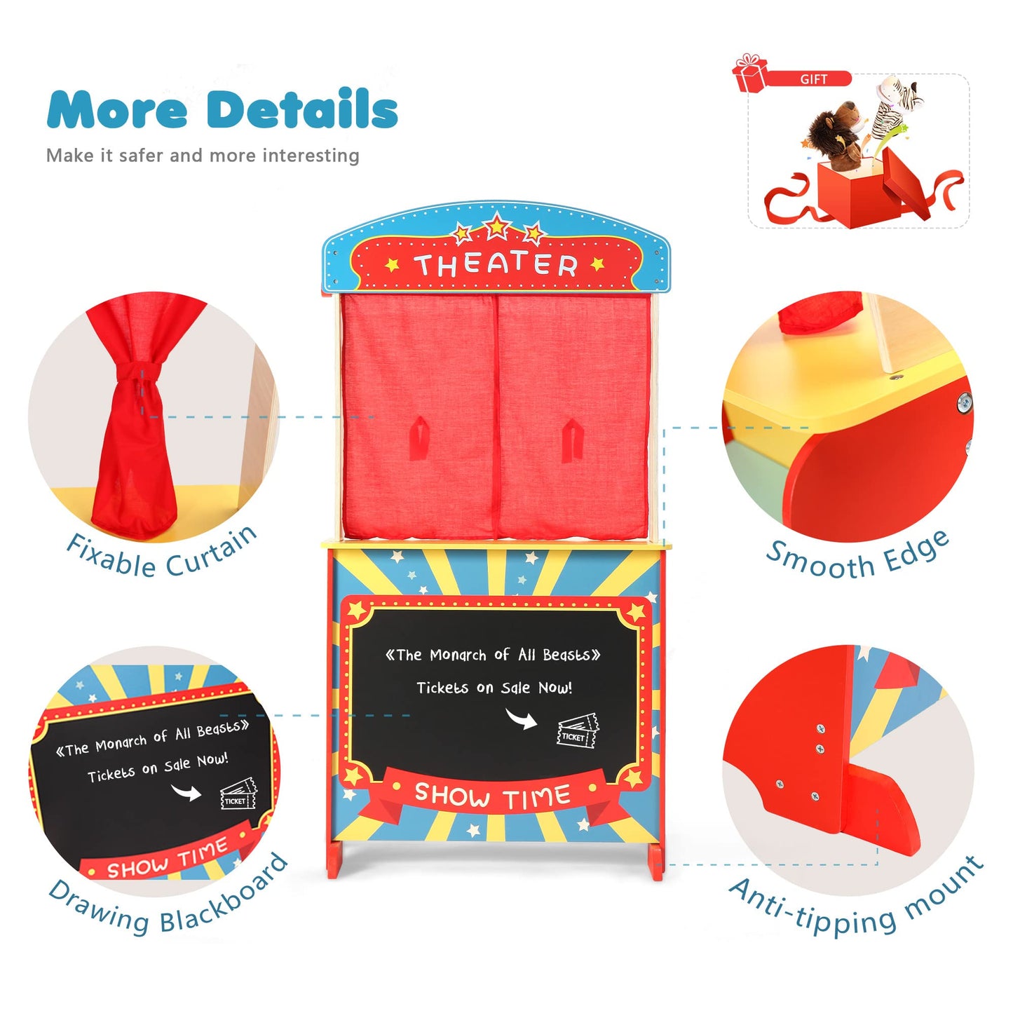 Rundad Wooden Puppet Theater with Bonus Puppets, Lemonade Stand & Chalkboard