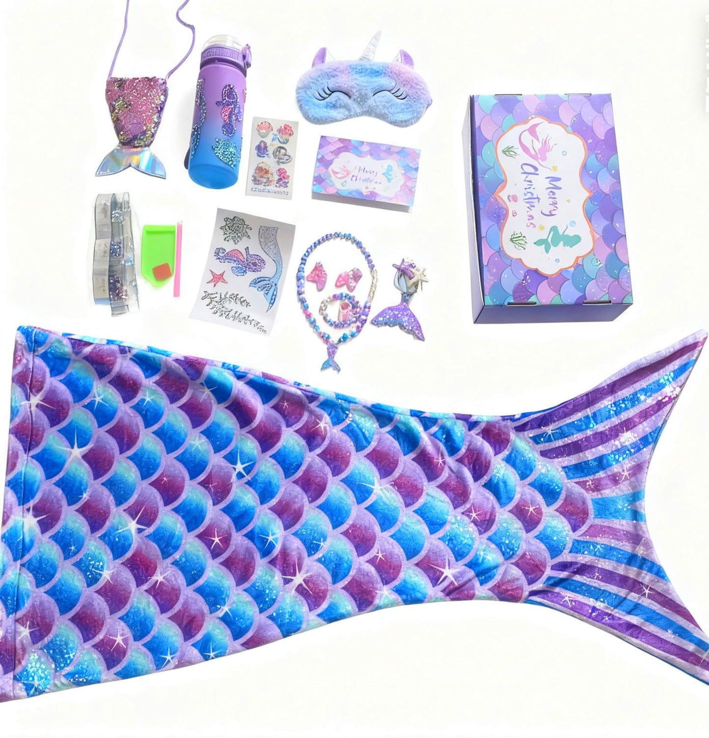 Runeaoys Mermaid Tail Blanket Gift Set for Girls 3-10 | Mermaid Toys, Diamond Art, Water Bottle & Accessories