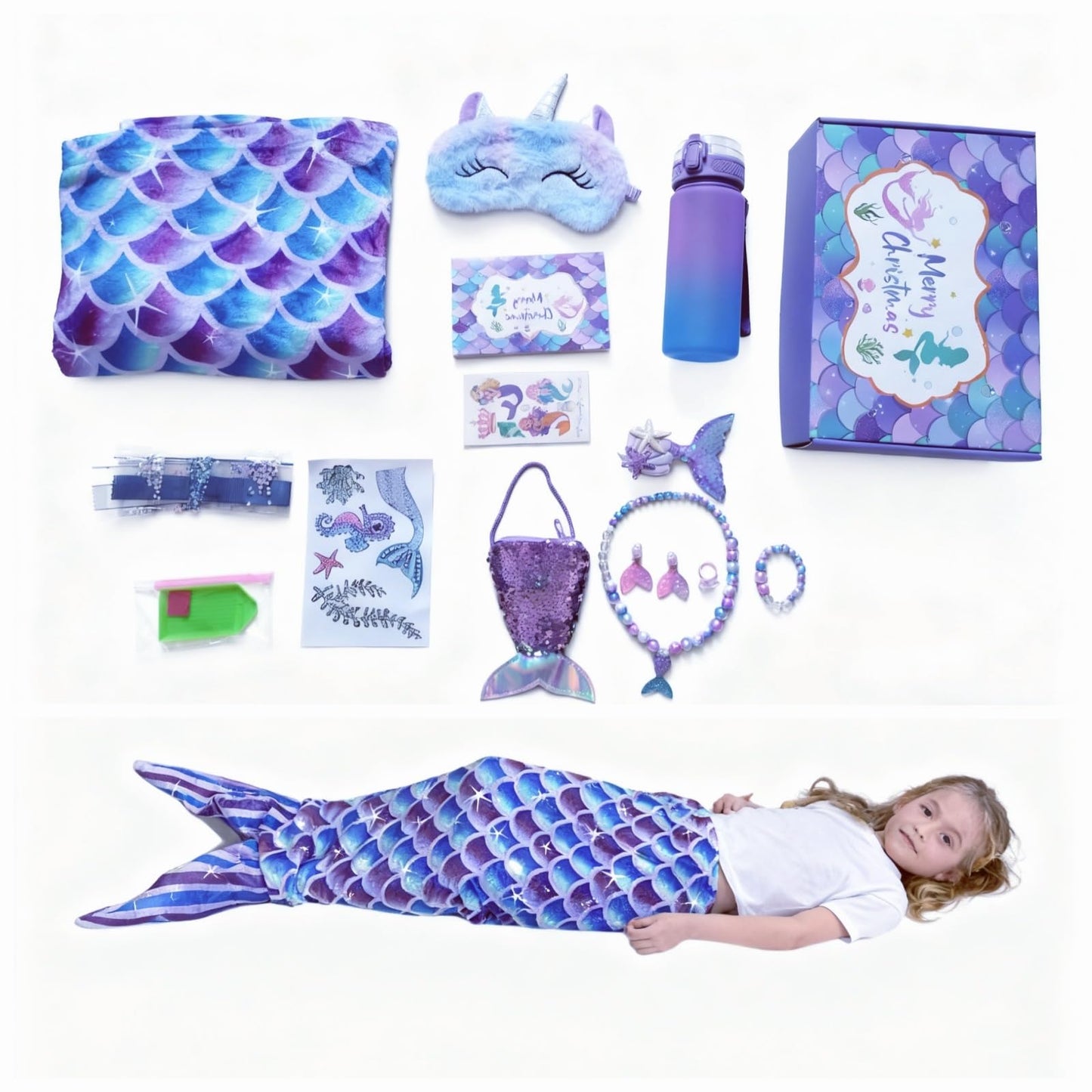 Runeaoys Mermaid Tail Blanket Gift Set for Girls 3-10 | Mermaid Toys, Diamond Art, Water Bottle & Accessories