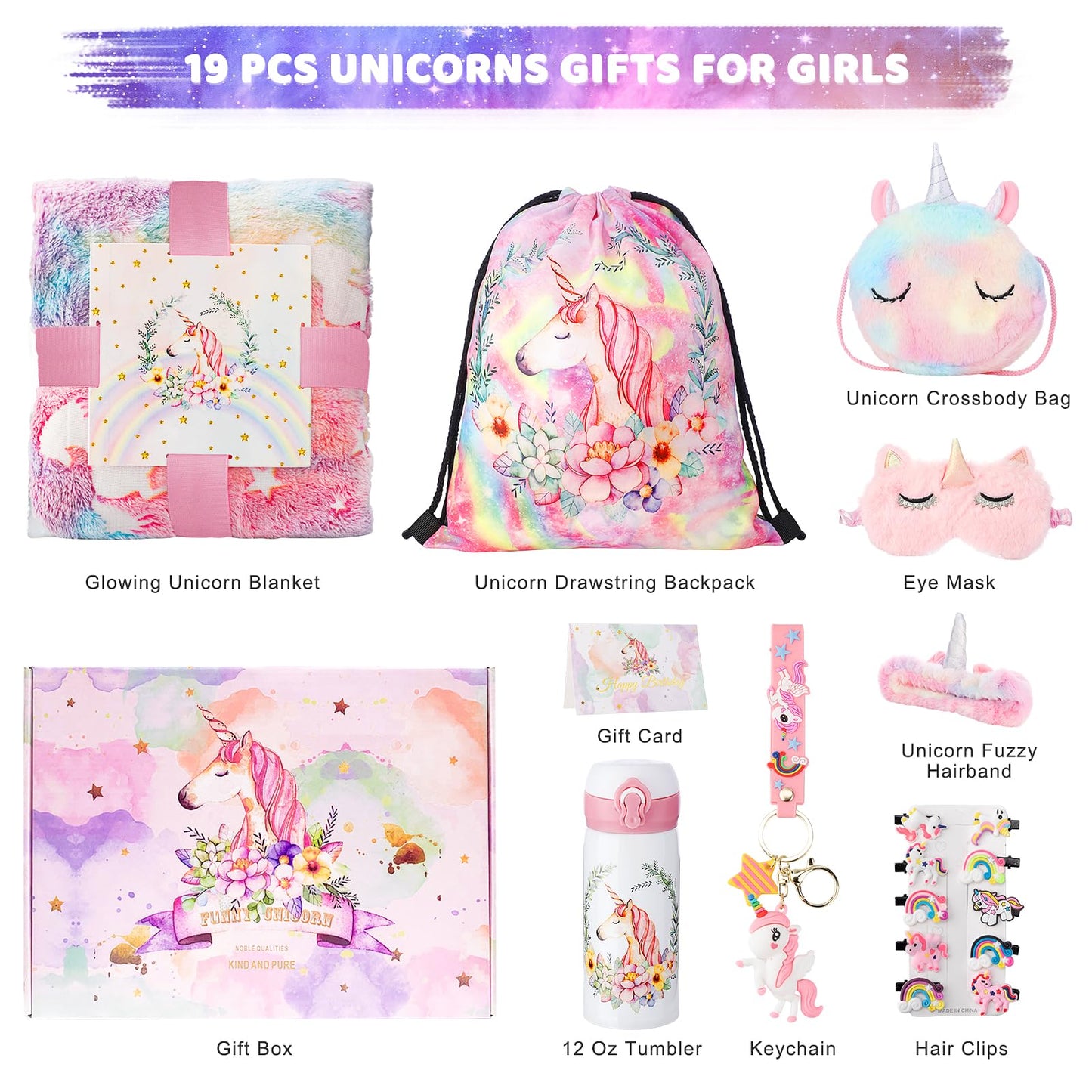 Runeaoys Unicorn Toys Gift Set for Girls 3-10 | Glow Blanket & Water Bottle