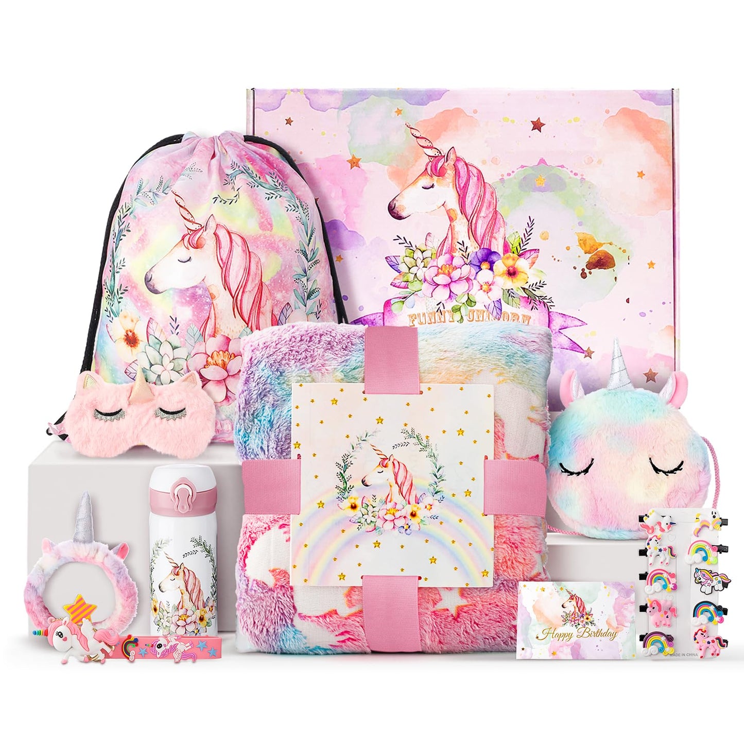 Runeaoys Unicorn Toys Gift Set for Girls 3-10 | Glow Blanket & Water Bottle